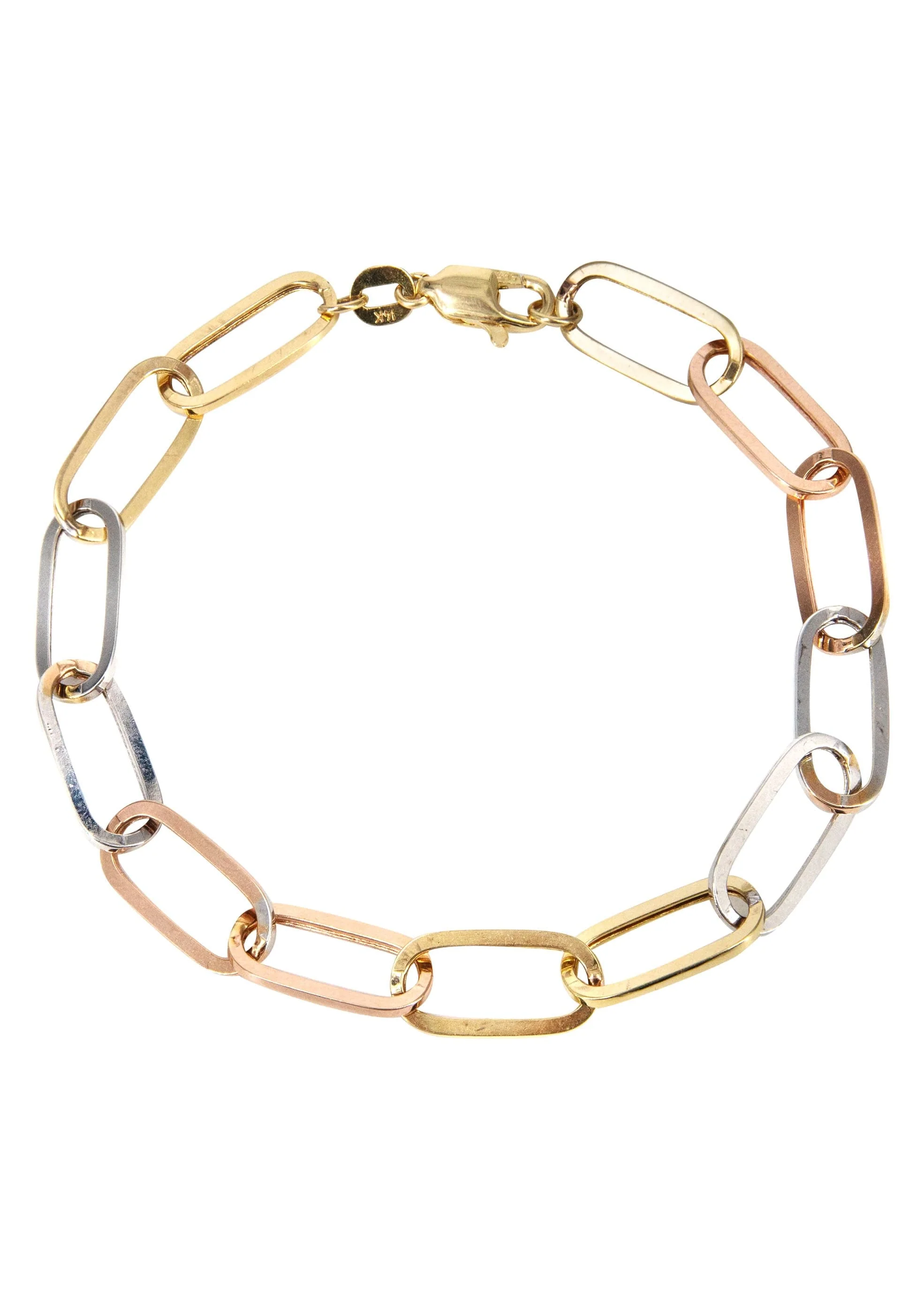 Semi Solid  Tri Color Paper Clip Gold Bracelet 14K
