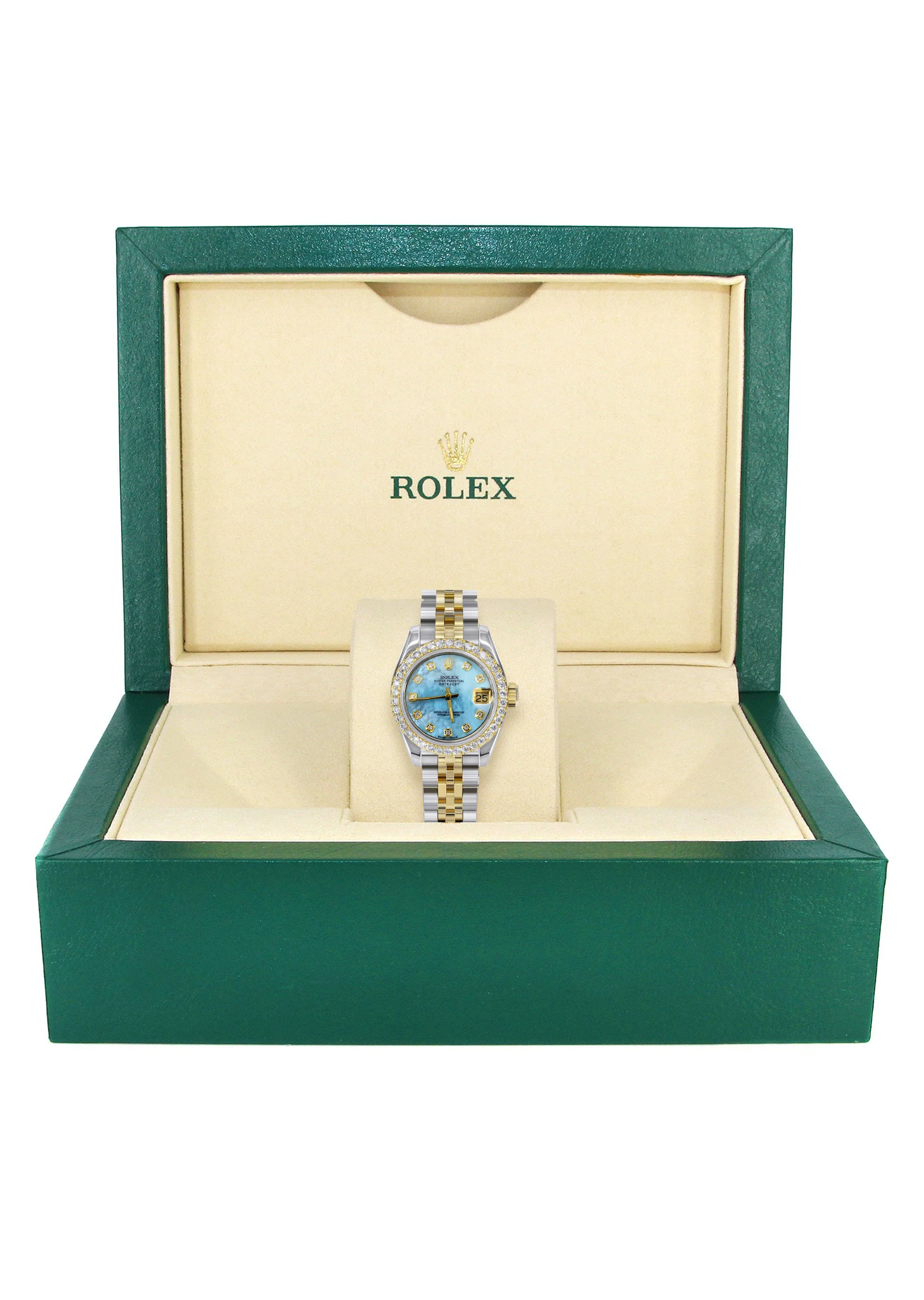 Womens Diamond Gold Hidden Clasp Rolex Watch | 1 Carat Bezel | 26Mm | Aqua Mother of Pearl Dial | Jubilee Band | Model 179173 - Image 4