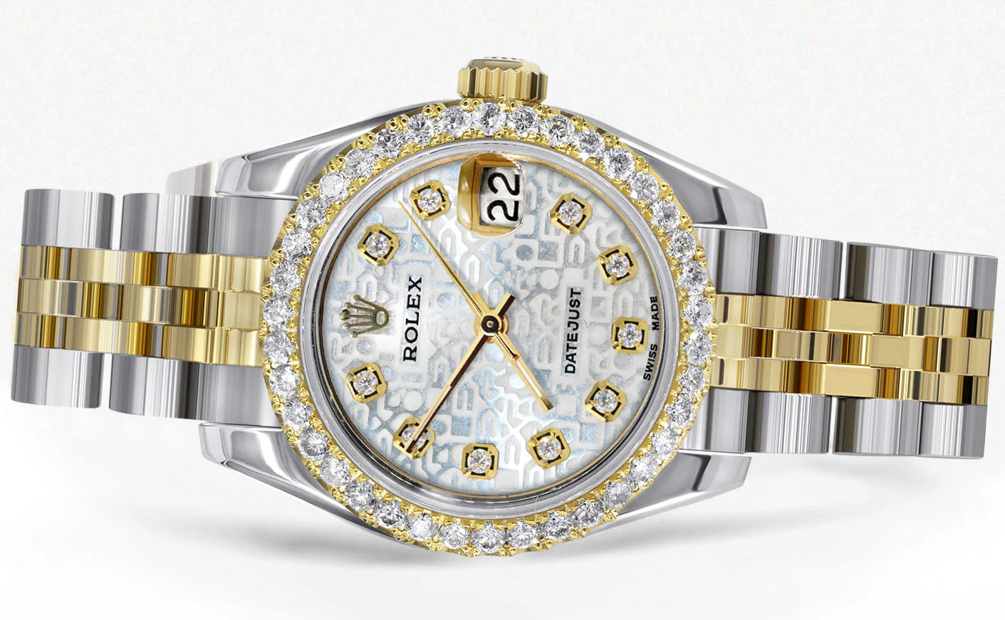 Womens Diamond Gold Hidden Clasp Rolex Watch | 1 Carat Bezel | 26Mm | Texture Dial | Jubilee Band | Model 179173 - Image 2