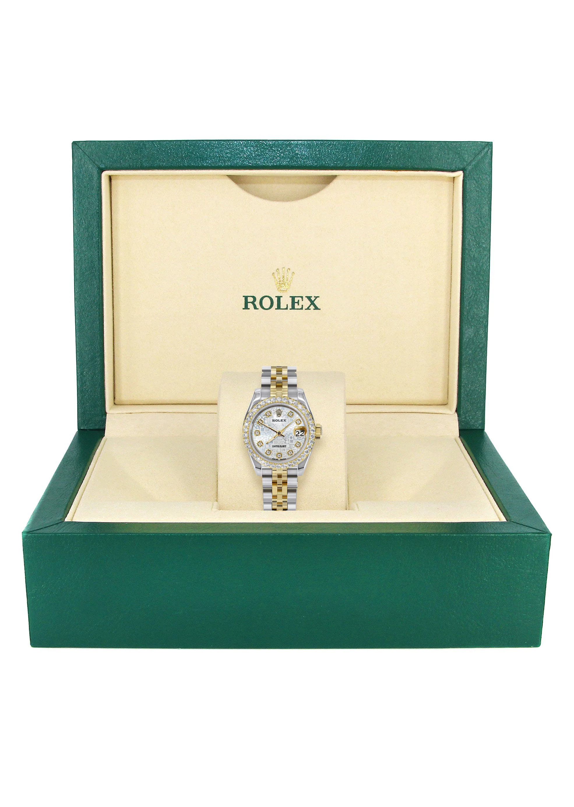 Womens Diamond Gold Hidden Clasp Rolex Watch | 1 Carat Bezel | 26Mm | Texture Dial | Jubilee Band | Model 179173 - Image 4
