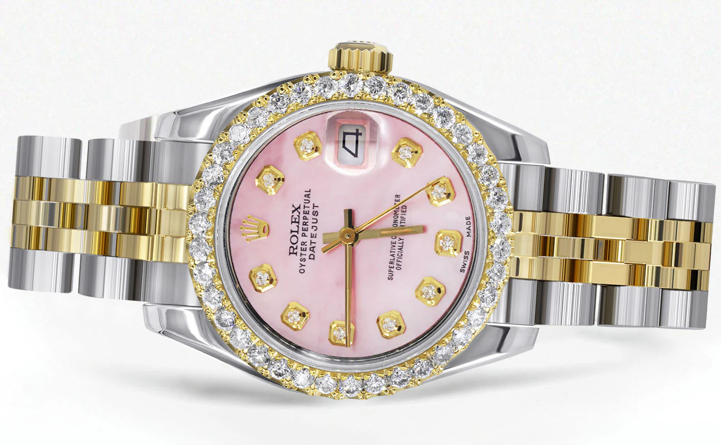 Womens Diamond Gold Hidden Clasp Rolex Watch | 1 Carat Bezel | 26Mm | Rose Dial | Jubilee Band | Model 179173 - Image 2
