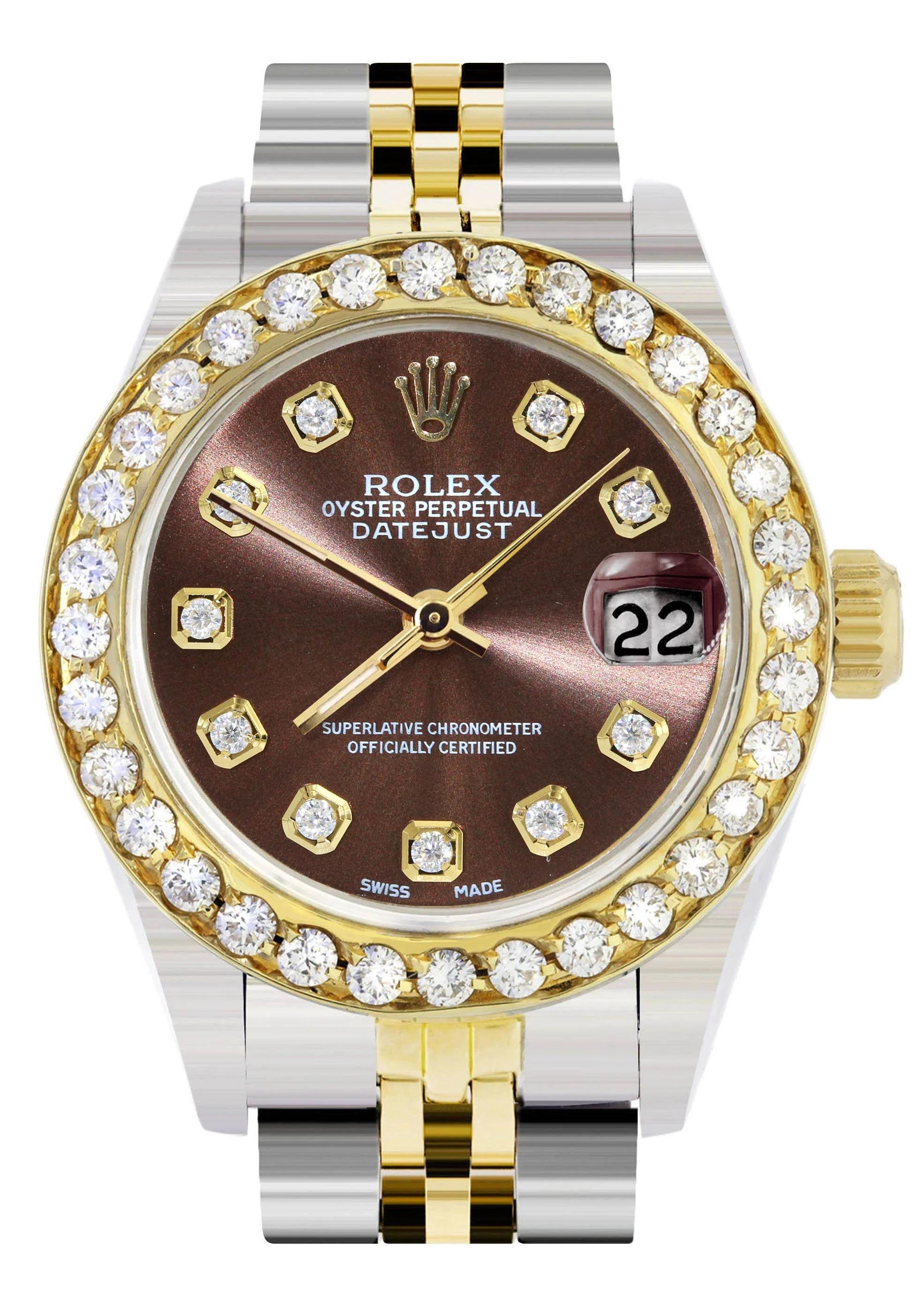 Womens Diamond Gold Rolex Watch | 1 Carat Bezel | 26Mm | Brown Diamond Dial | Jubilee Band