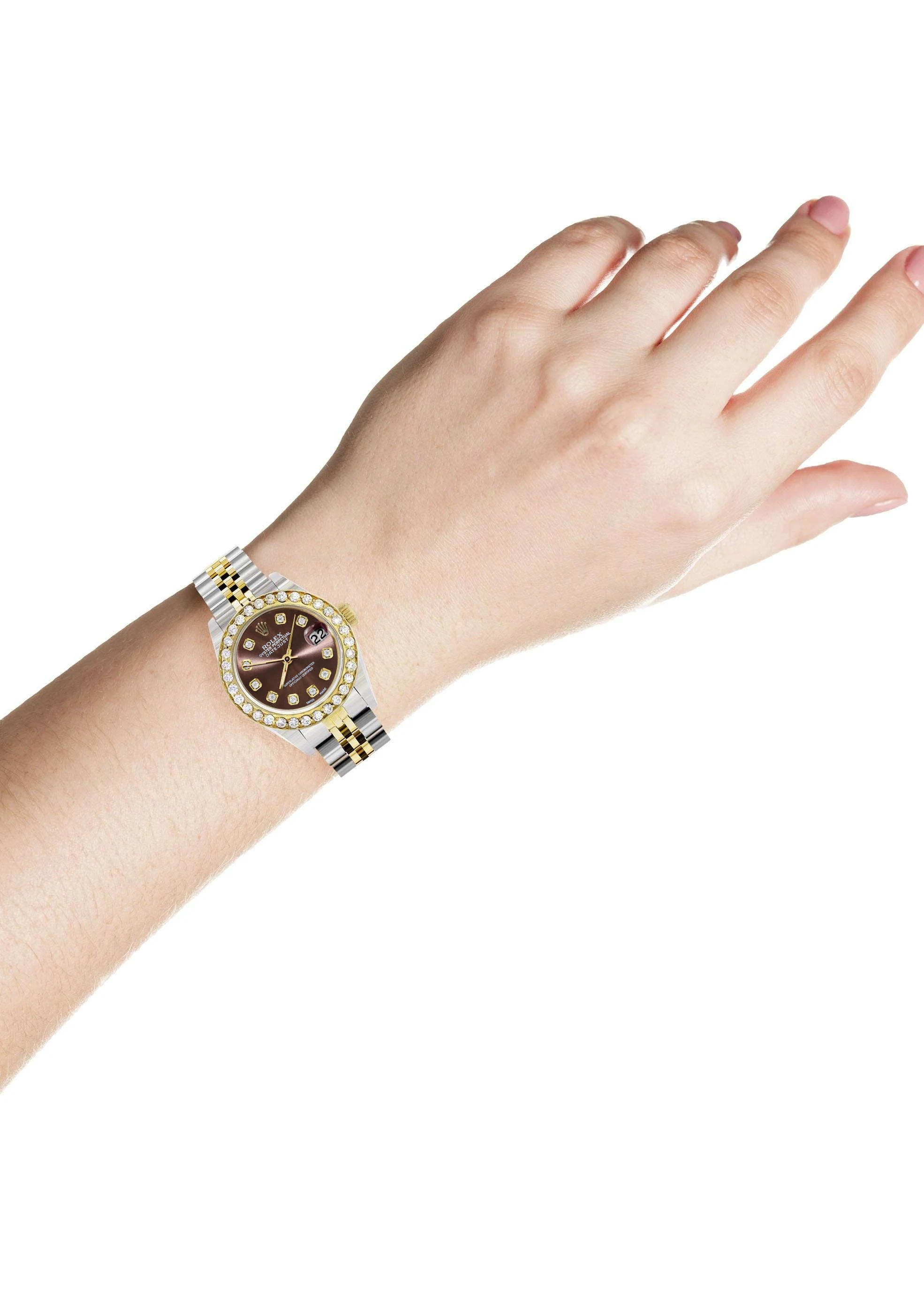Womens Diamond Gold Rolex Watch | 1 Carat Bezel | 26Mm | Brown Diamond Dial | Jubilee Band - Image 3