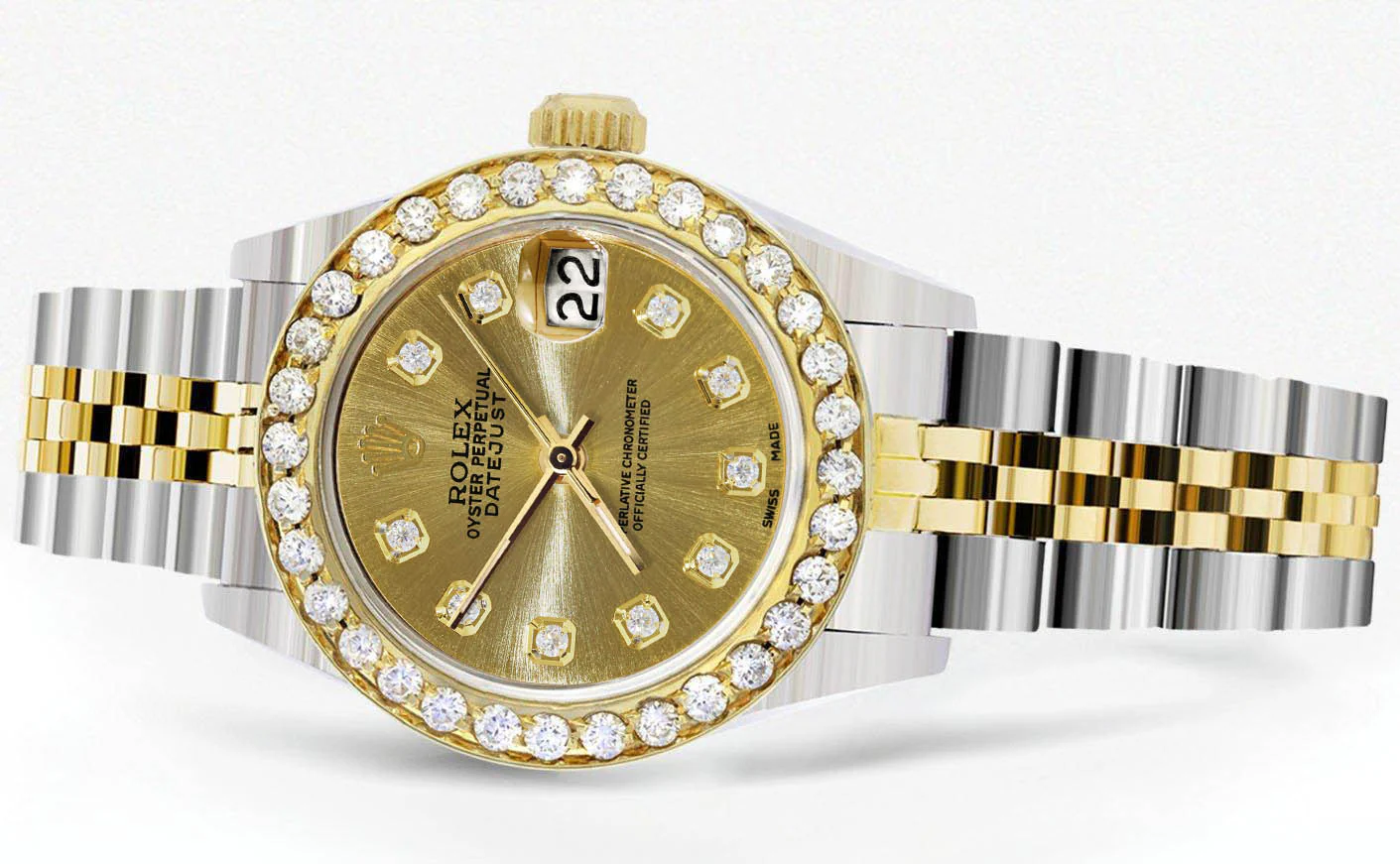 Womens Diamond Gold Rolex Watch | 1 Carat Bezel | 26Mm | Gold Diamond Dial | Jubilee Band - Image 2