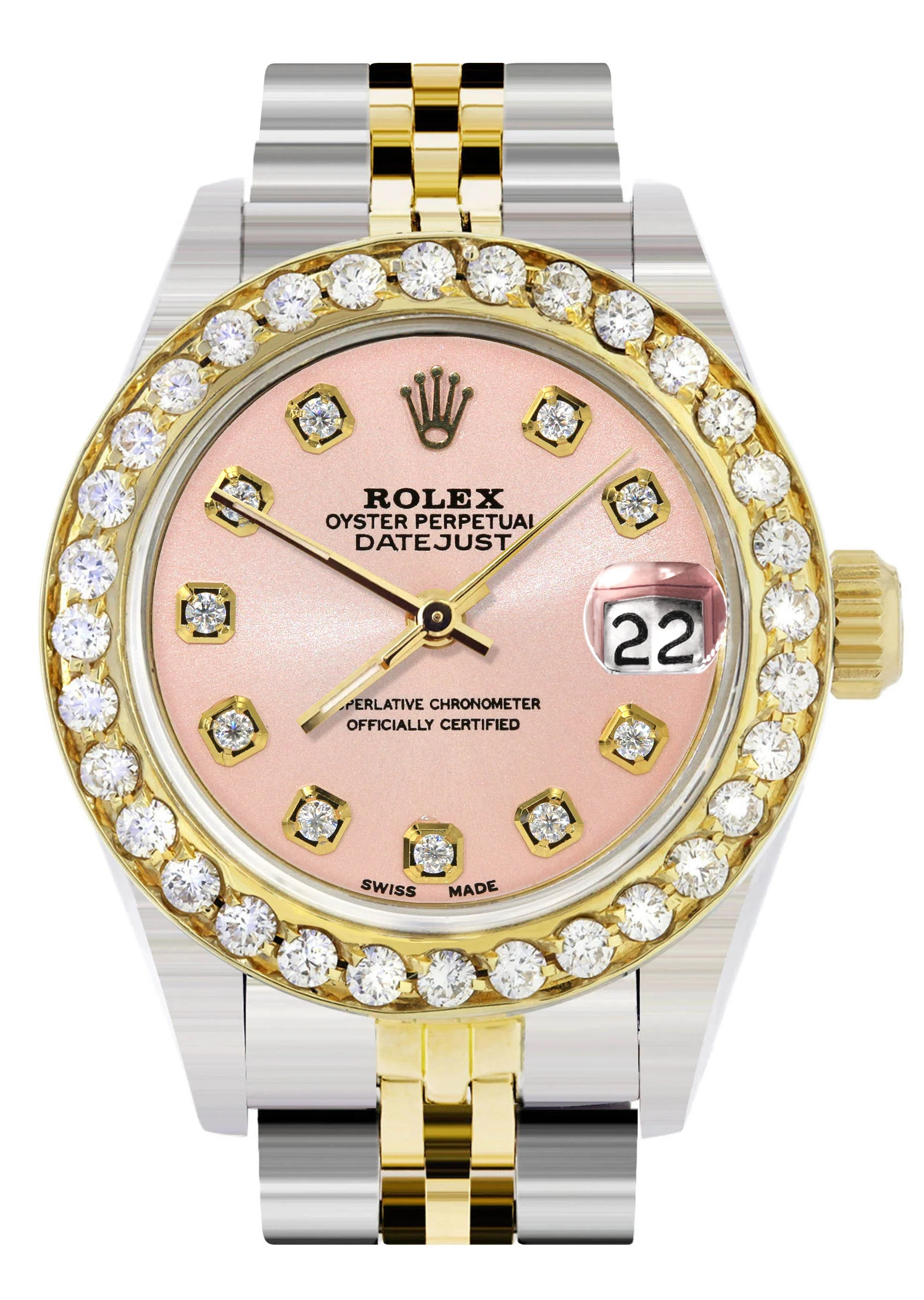 Womens Diamond Gold Rolex Watch | 1 Carat Bezel | 26Mm | Pink Diamond Dial | Jubilee Band