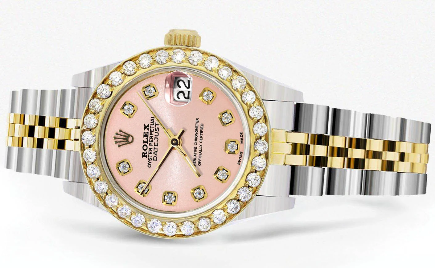 Womens Diamond Gold Rolex Watch | 1 Carat Bezel | 26Mm | Pink Diamond Dial | Jubilee Band - Image 2