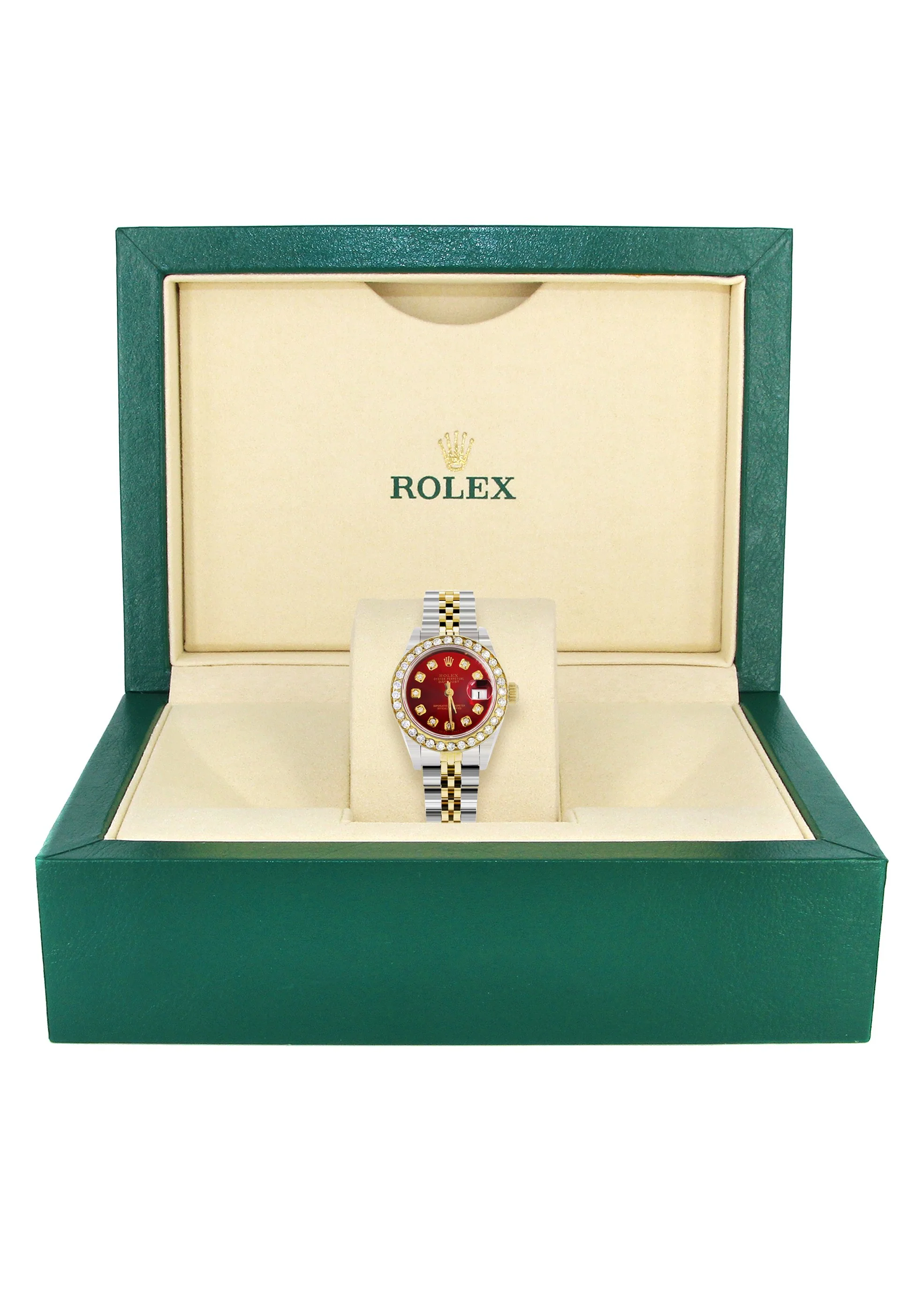 Womens Diamond Gold Rolex Watch | 1 Carat Bezel | 26Mm | Red Pearl Dial | Jubilee Band - Image 6