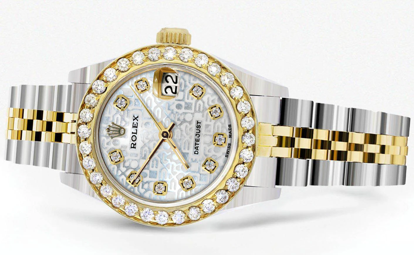 Womens Diamond Gold Rolex Watch | 1 Carat Bezel | 26Mm | Texture Diamond Dial | Jubilee Band - Image 3