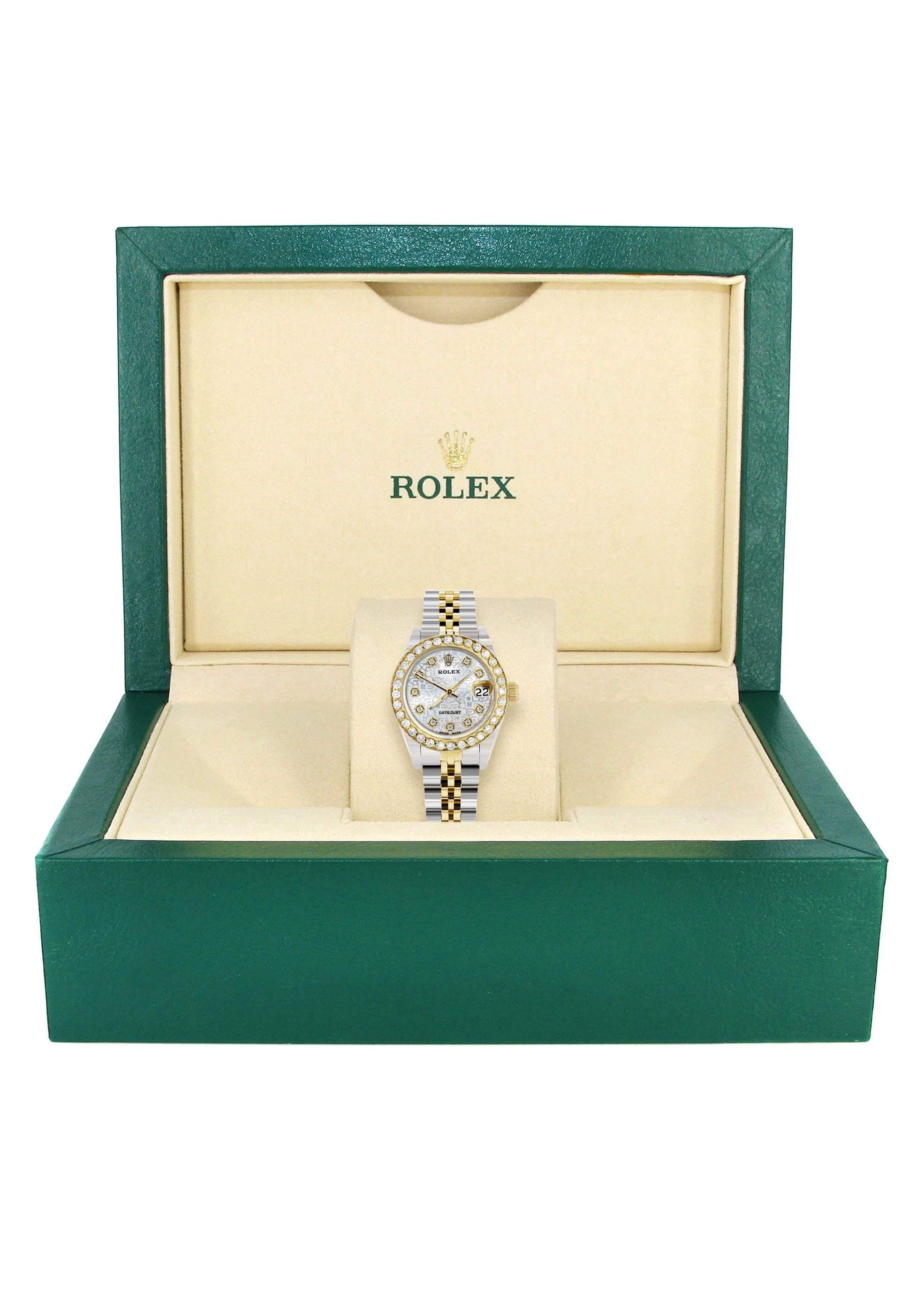 Womens Diamond Gold Rolex Watch | 1 Carat Bezel | 26Mm | Texture Diamond Dial | Jubilee Band - Image 4