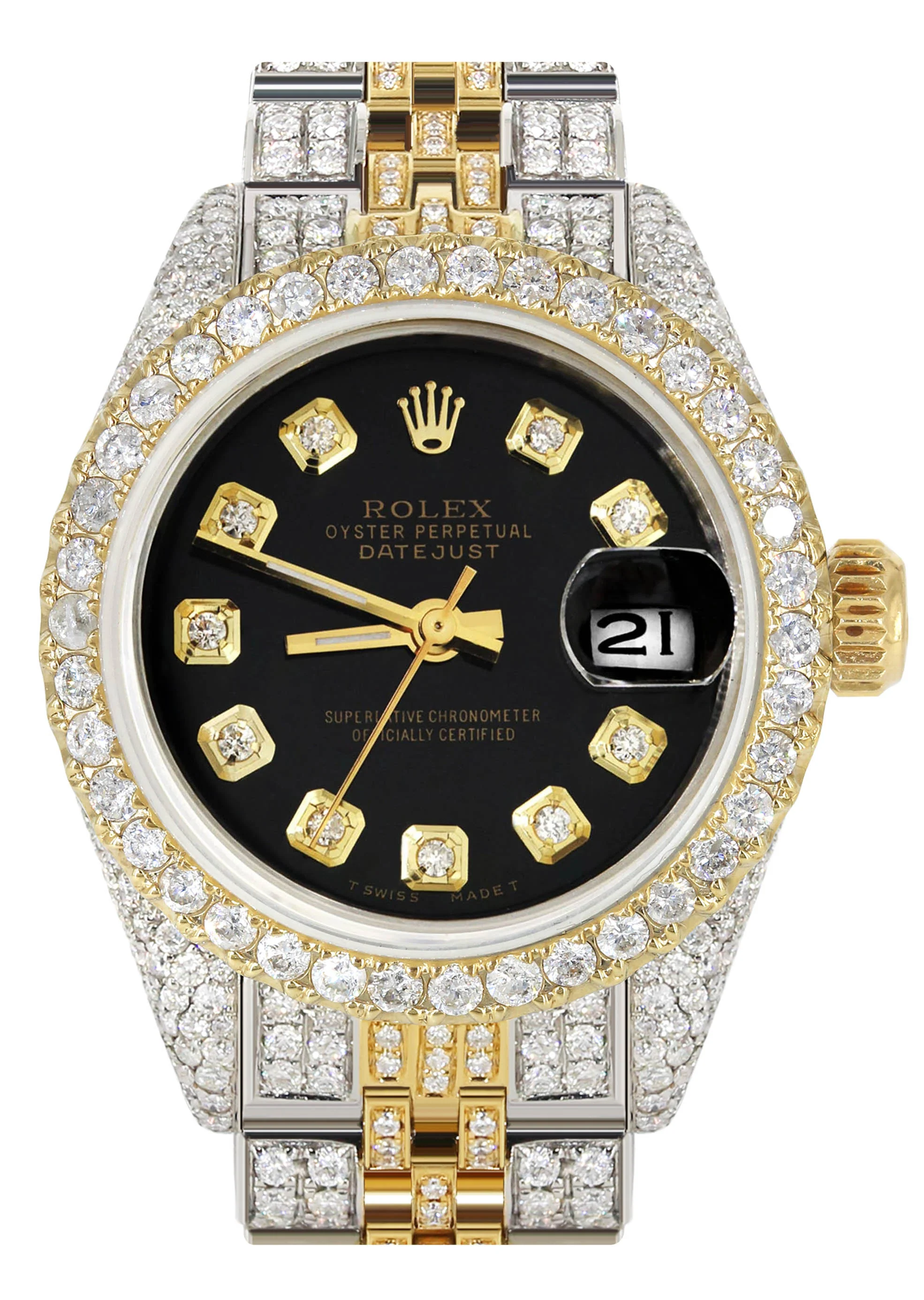 Womens Diamond Gold Rolex Watch | 26Mm | Black Dial | Jubilee Band