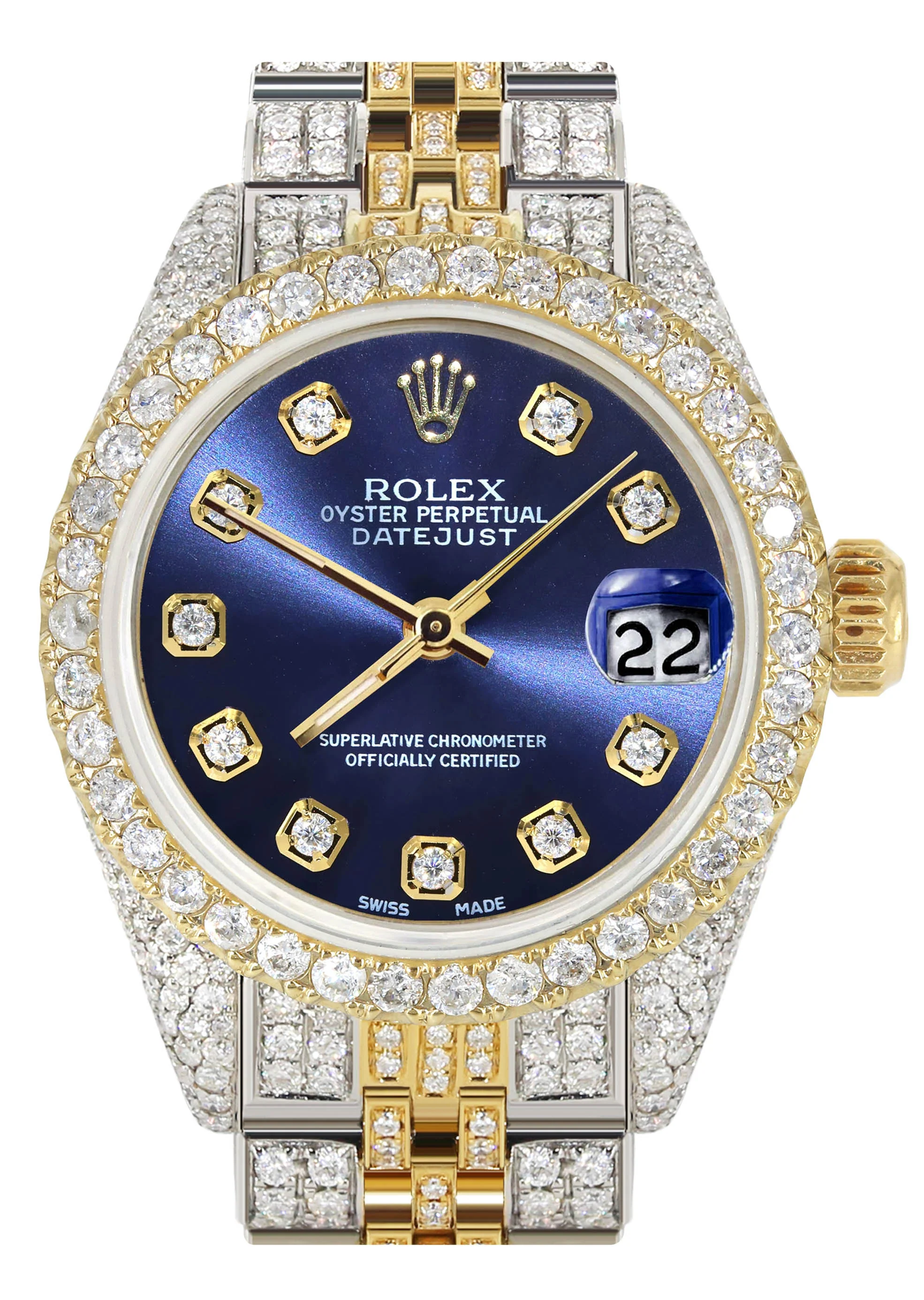Womens Diamond Gold Rolex Watch | 26Mm | Blue Dial | Jubilee Band