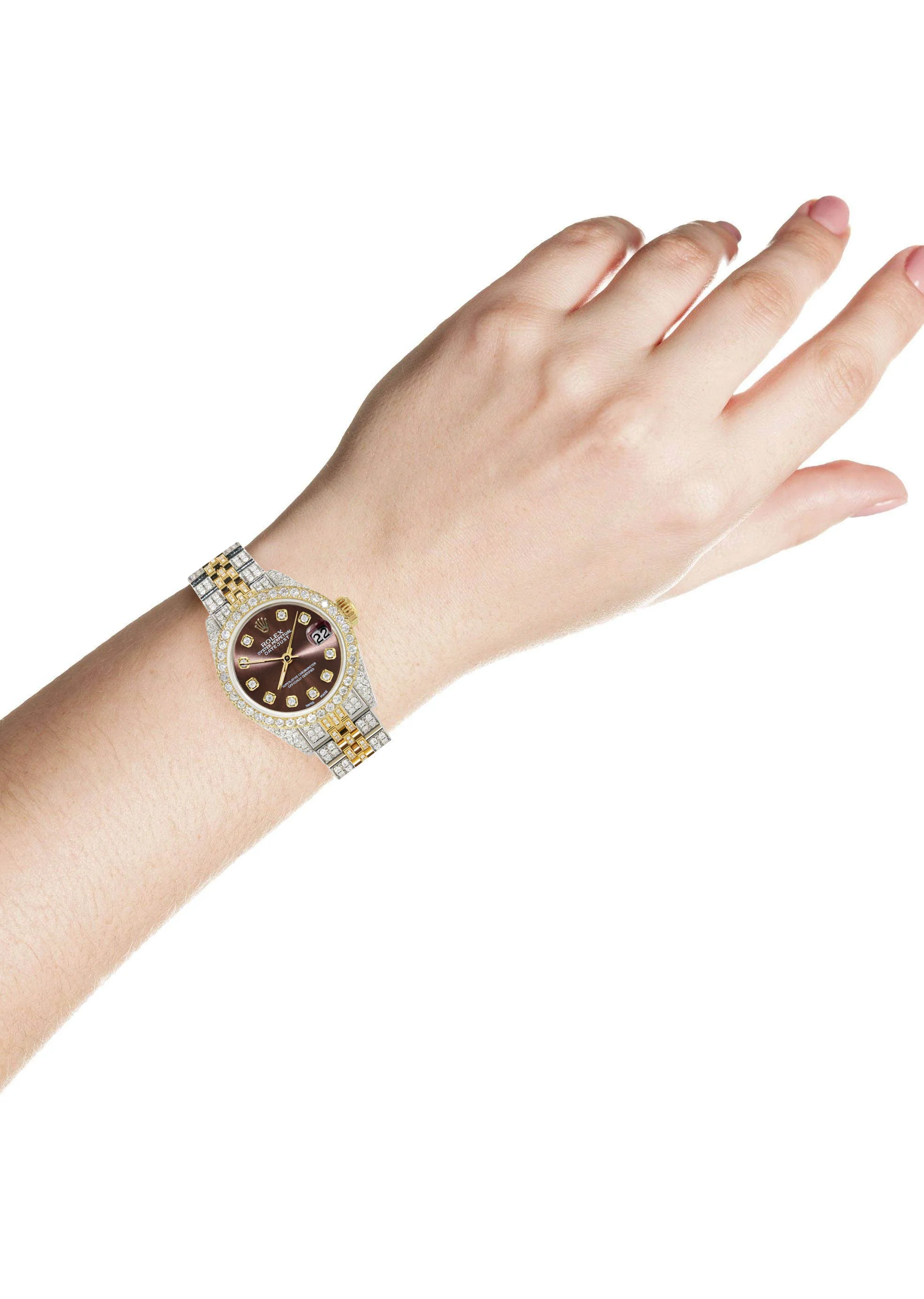 Womens Diamond Gold Rolex Watch | 26Mm | Brown Dial | Jubilee Band - Image 2