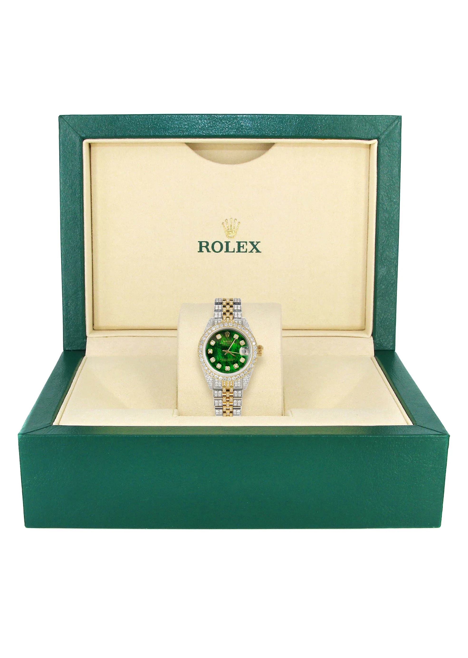 Womens Diamond Gold Rolex Watch | 26Mm | Green Mother Of Pearl Dial | Jubilee Band - Image 6