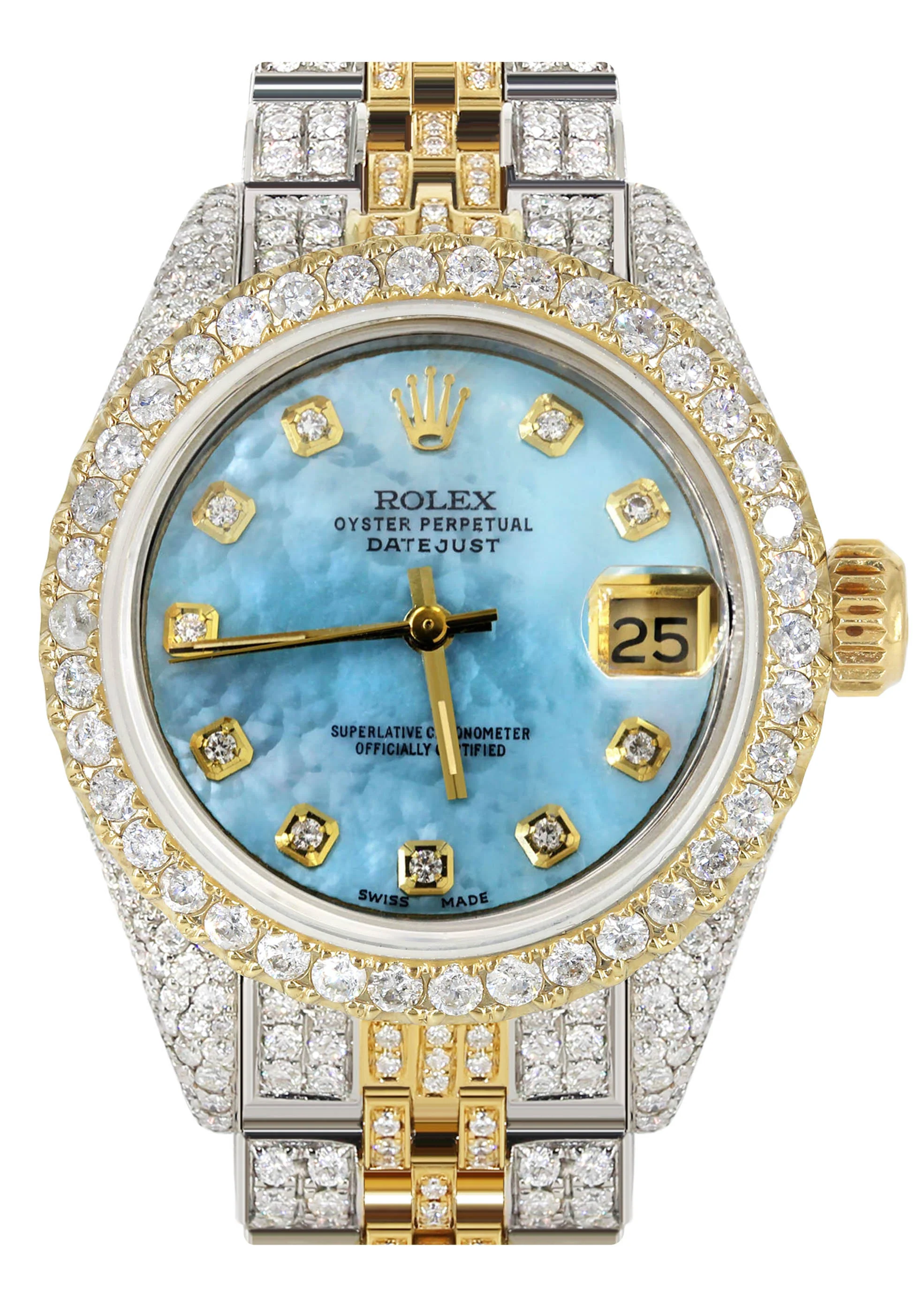 Womens Diamond Gold Rolex Watch | 26Mm | Light Blue Pearl Dial | Jubilee Band