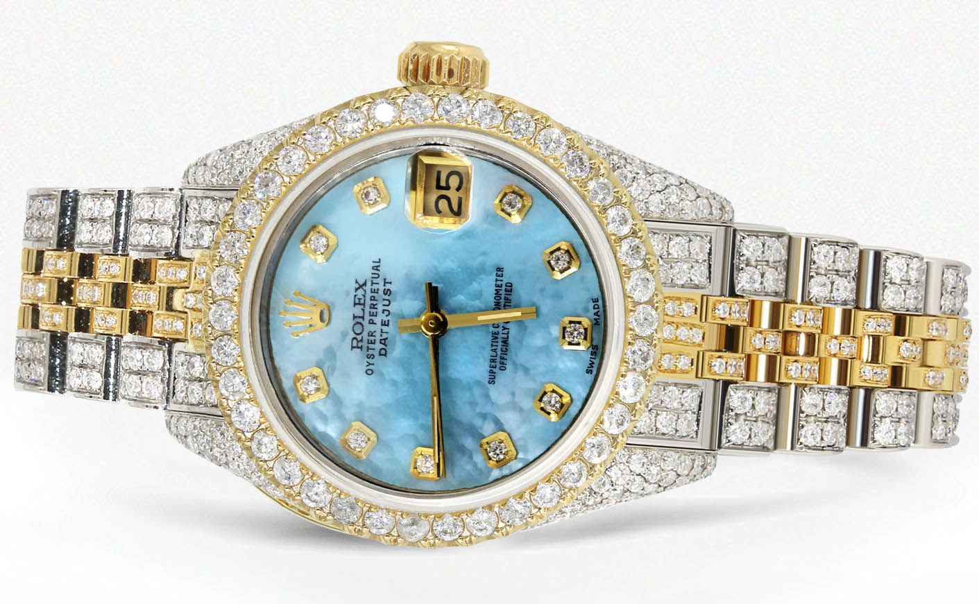 Womens Diamond Gold Rolex Watch | 26Mm | Light Blue Pearl Dial | Jubilee Band - Image 2