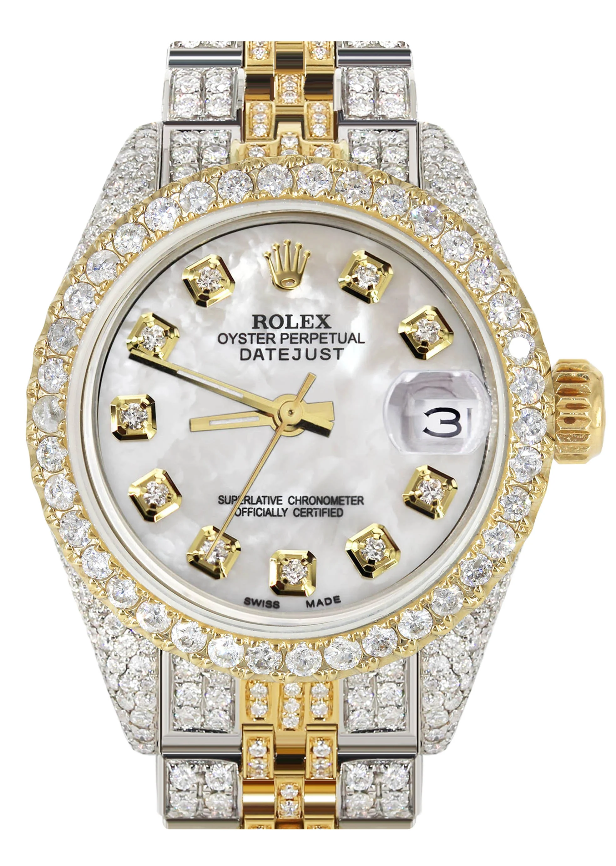 Womens Diamond Gold Rolex Watch | 26Mm | Mother Of Pearl Dial | Jubilee Band