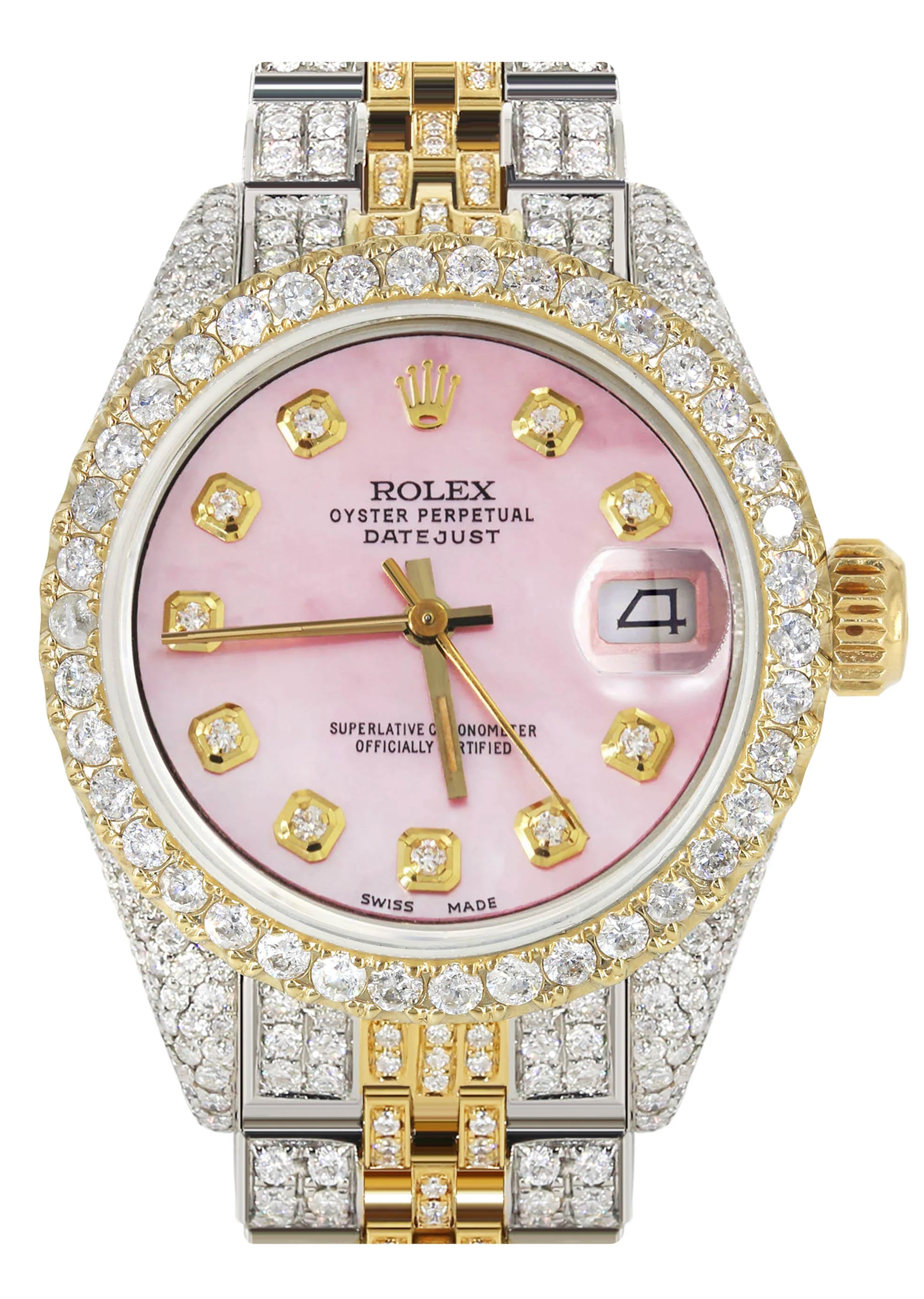 Womens Diamond Gold Rolex Watch | 26Mm | Pink Mother Of Pearl Dial | Jubilee Band