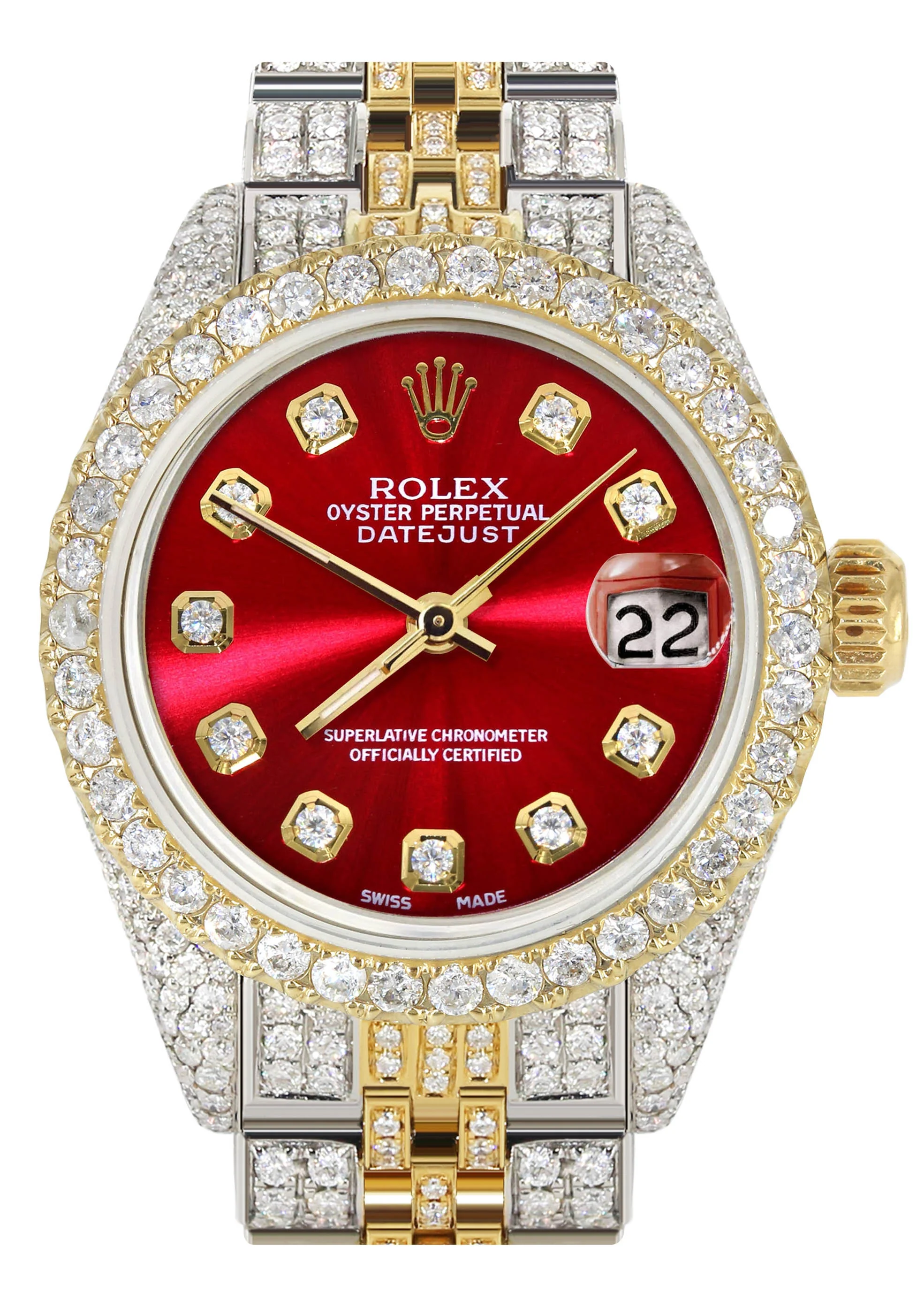 Womens Diamond Gold Rolex Watch | 26Mm | Red Dial | Jubilee Band