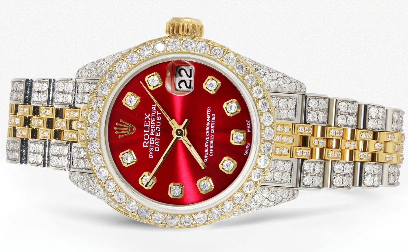 Womens Diamond Gold Rolex Watch | 26Mm | Red Dial | Jubilee Band - Image 2
