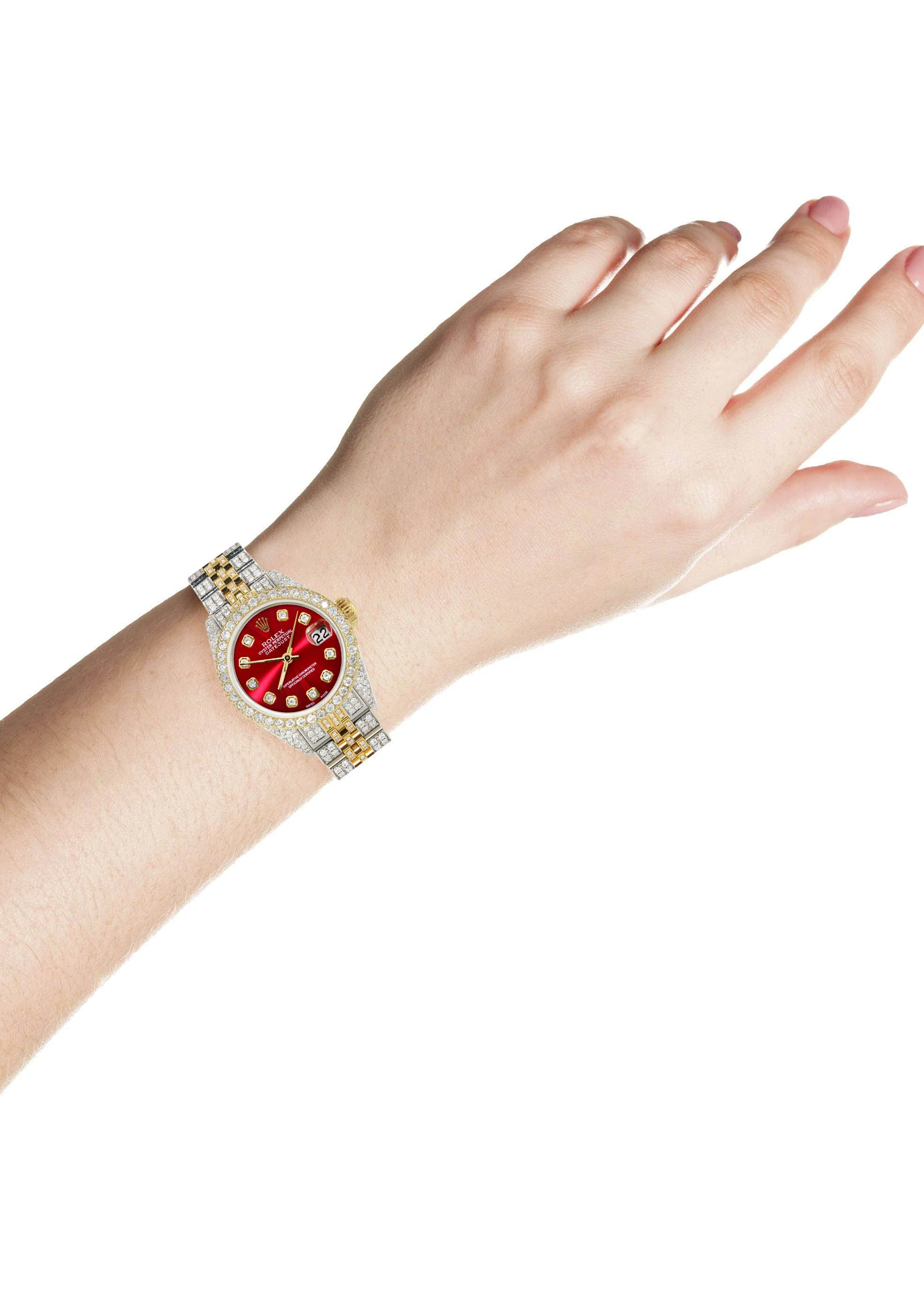 Womens Diamond Gold Rolex Watch | 26Mm | Red Dial | Jubilee Band - Image 3