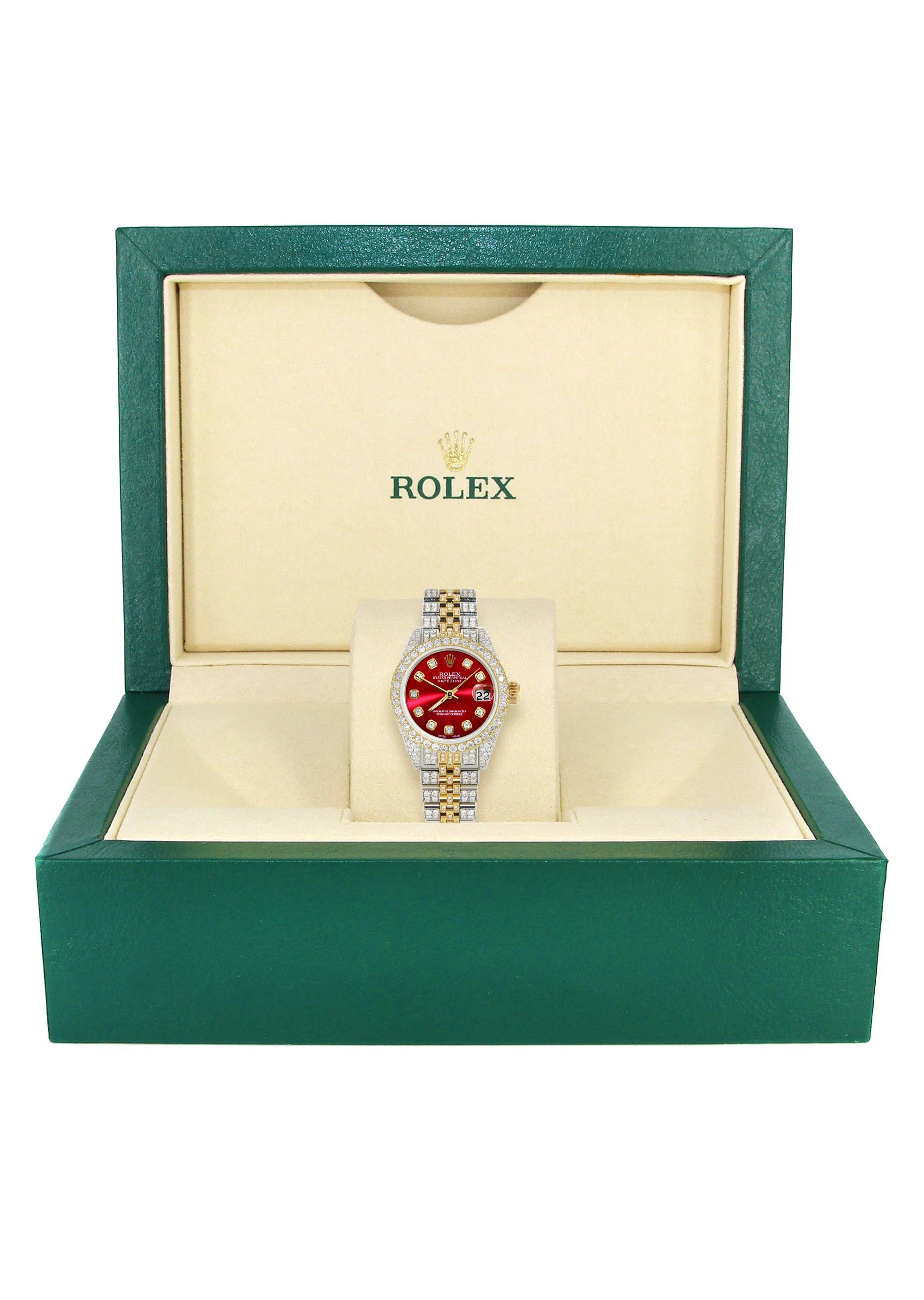 Womens Diamond Gold Rolex Watch | 26Mm | Red Dial | Jubilee Band - Image 6