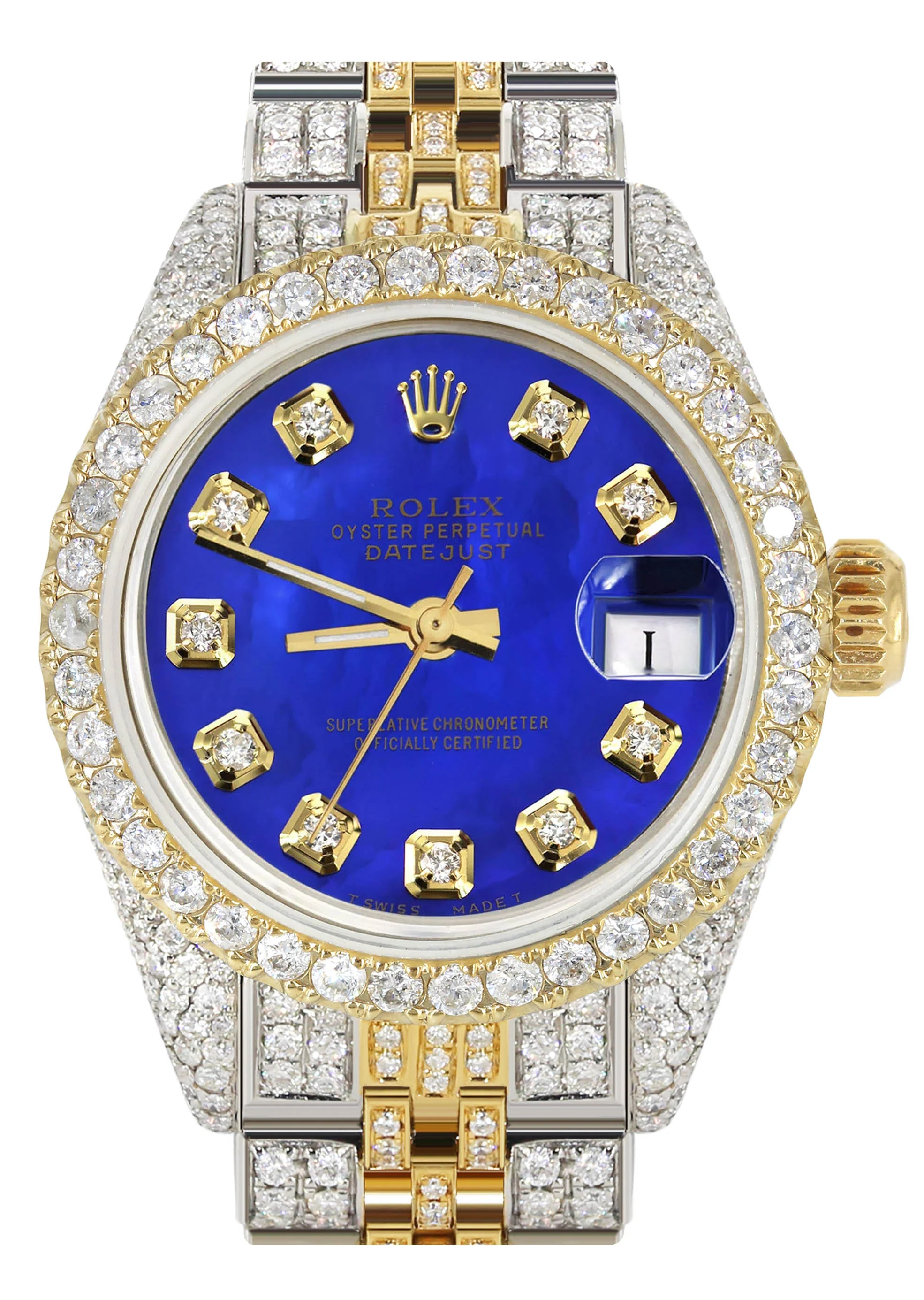 Womens Diamond Gold Rolex Watch | 26Mm | Royal Blue Dial | Jubilee Band