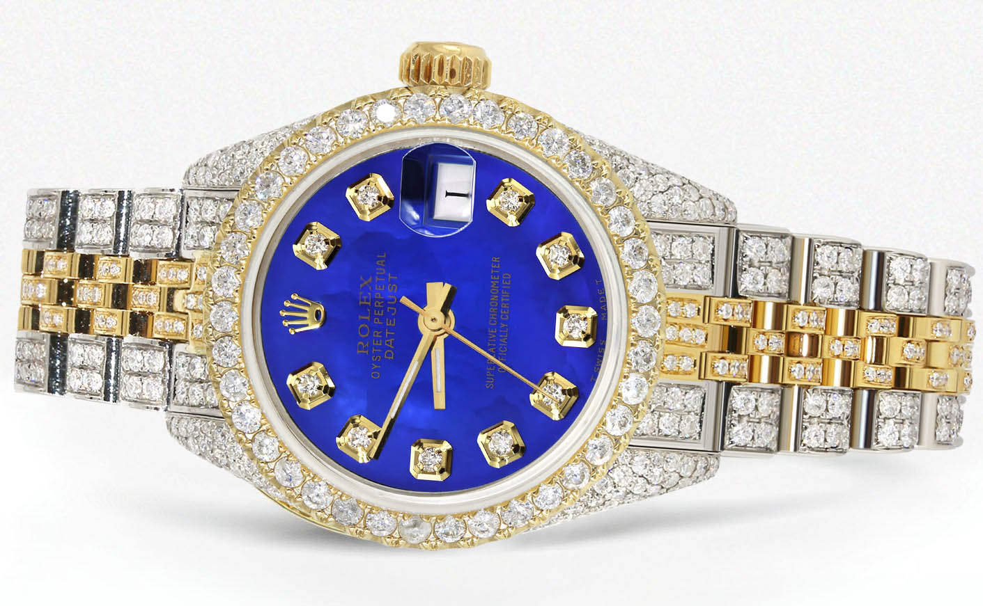 Womens Diamond Gold Rolex Watch | 26Mm | Royal Blue Dial | Jubilee Band - Image 2