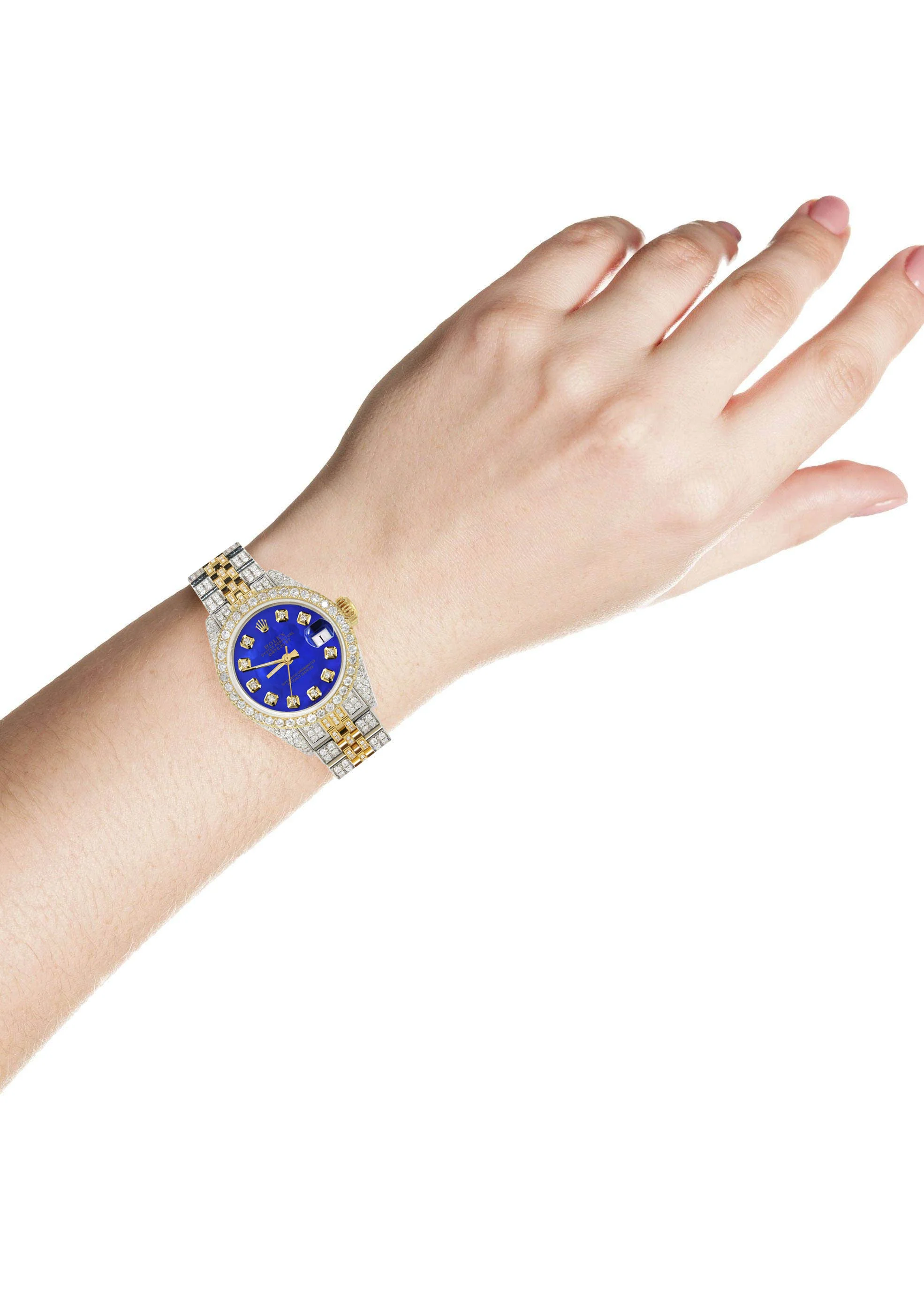 Womens Diamond Gold Rolex Watch | 26Mm | Royal Blue Dial | Jubilee Band - Image 3
