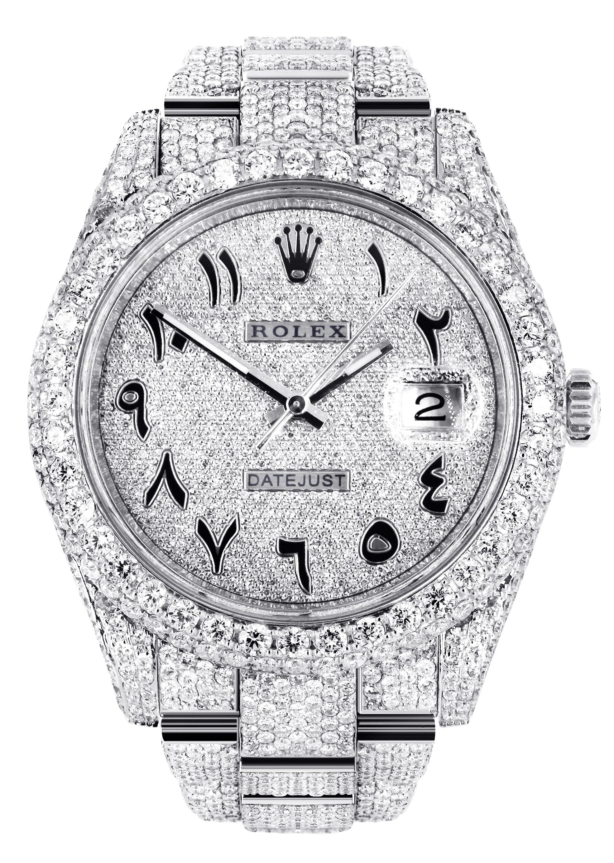 Womens Diamond Iced Out Rolex Datejust 41 | 25 Carats Of Diamonds | Custom Arabic Diamond Dial | Two Row | Oyster Band