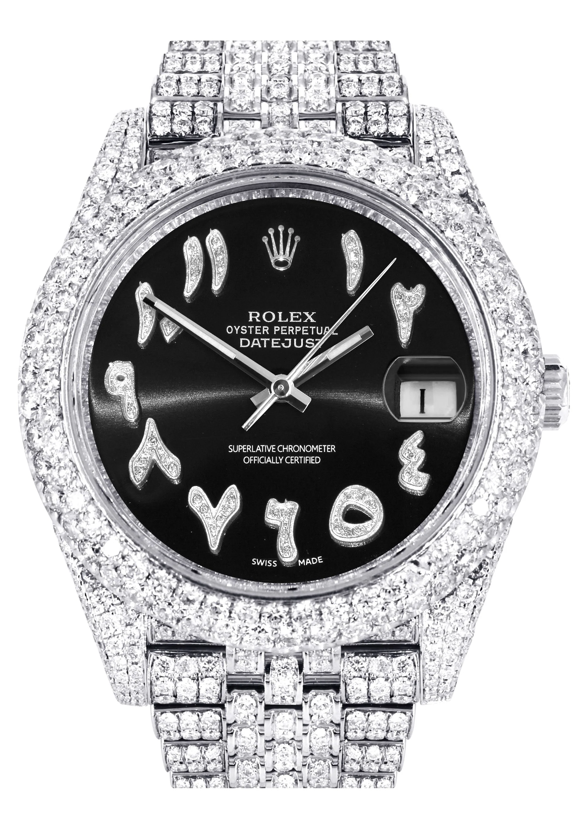 Womens Diamond Iced Out Rolex Datejust 41 | 25 Carats Of Diamonds | Custom Black Arabic Numeral Diamond Dial | Two Row | Jubilee Band