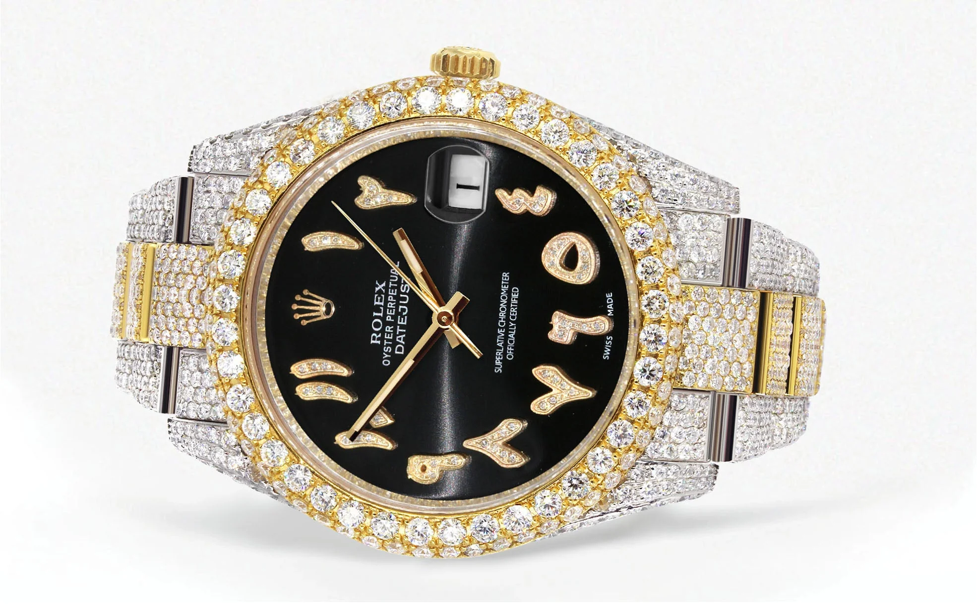 Womens Diamond Iced Out Rolex Datejust 41 | 25 Carats Of Diamonds | Custom Black Arabic Numeral Diamond Dial | Two Tone | Two Row | Oyster Band - Image 2