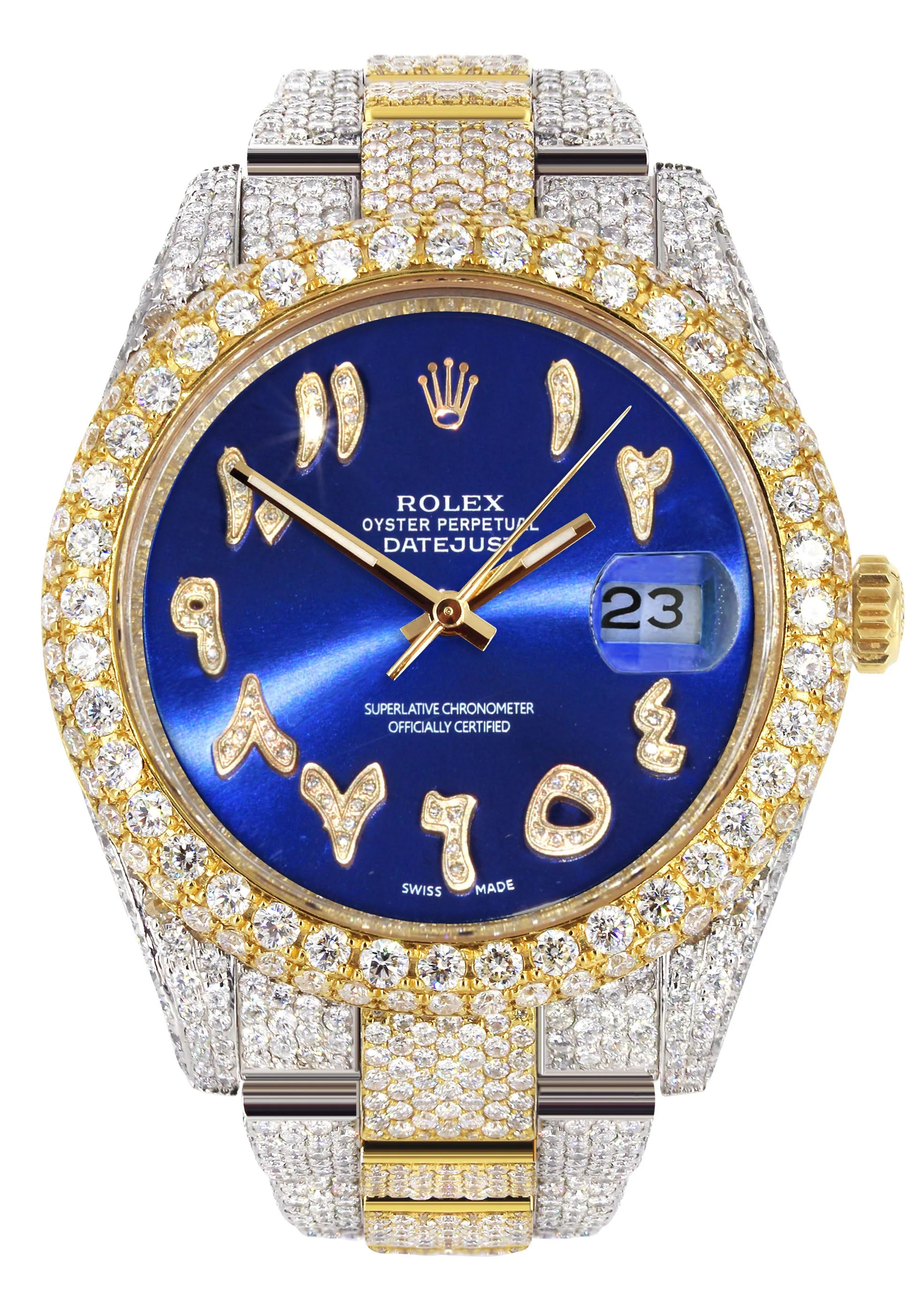 Womens Diamond Iced Out Rolex Datejust 41 | 25 Carats Of Diamonds | Custom Blue Arabic Numeral Diamond Dial | Two Tone | Two Row | Oyster Band