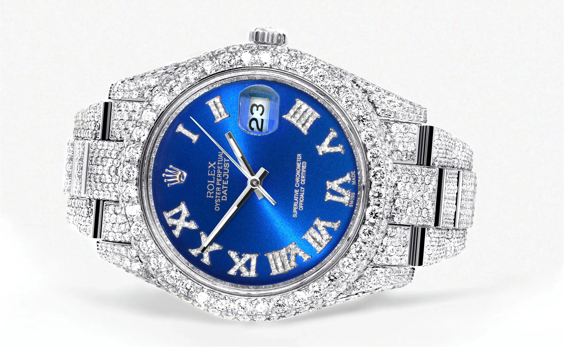 Womens Diamond Iced Out Rolex Datejust 41 | 25 Carats Of Diamonds | Custom Blue Roman Numeral Diamond Dial | Two Row | Oyster Band - Image 2