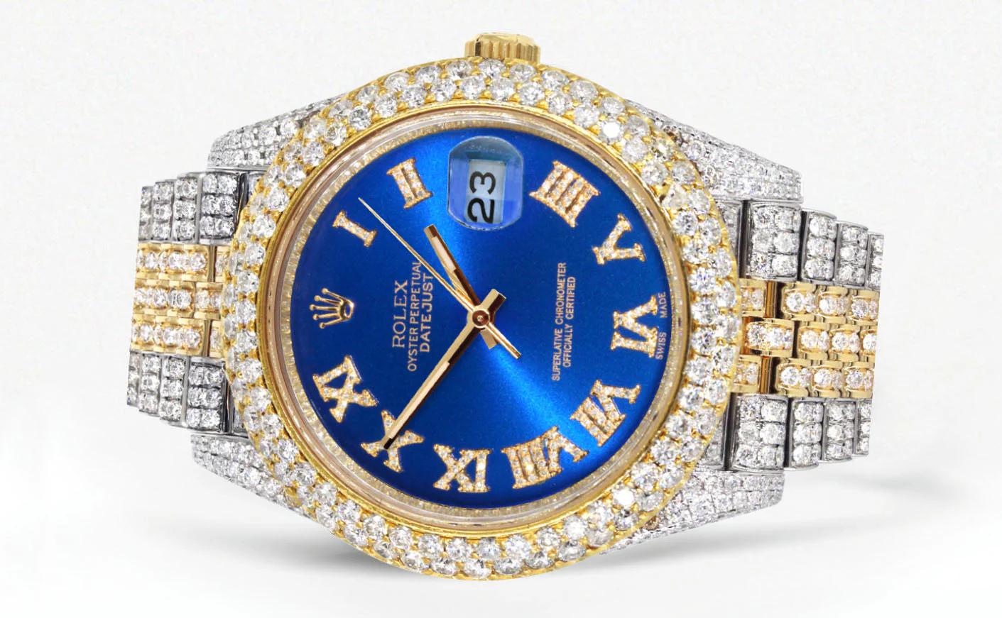 Womens Diamond Iced Out Rolex Datejust 41 | 25 Carats Of Diamonds | Custom Blue Roman Numeral Diamond Dial | Two Tone | Two Row | Jubilee Band - Image 2