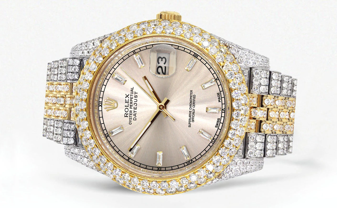 Womens Diamond Iced Out Rolex Datejust 41 | 25 Carats Of Diamonds | Custom Dawn Pink Dial | Two Tone | Two Row | Jubilee Band - Image 2