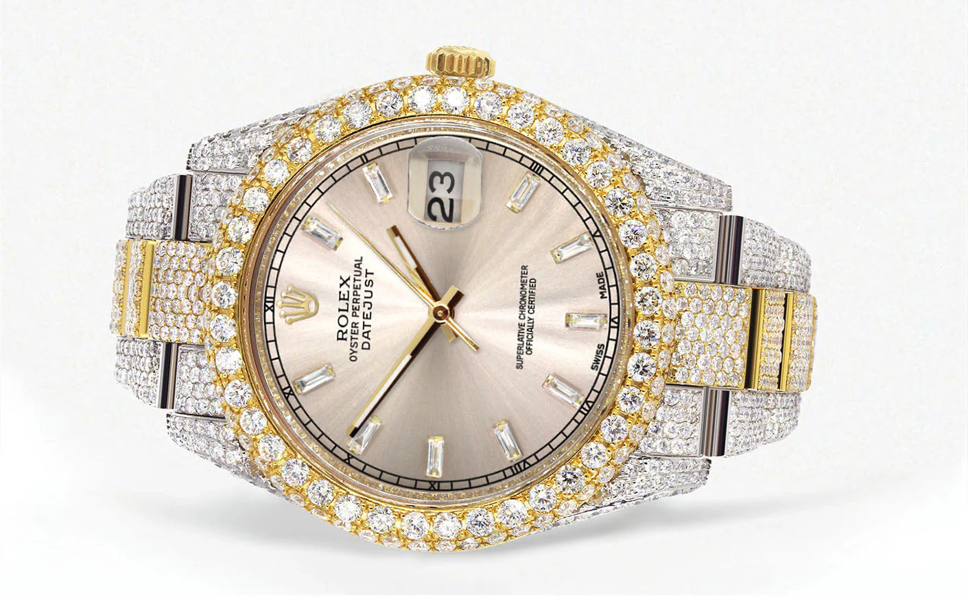 Womens Diamond Iced Out Rolex Datejust 41 | 25 Carats Of Diamonds | Custom Dawn Pink Dial | Two Tone | Two Row | Oyster Band - Image 2