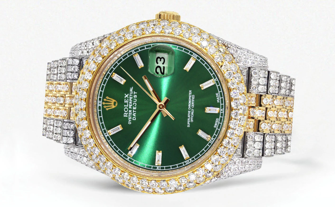 Womens Diamond Iced Out Rolex Datejust 41 | 25 Carats Of Diamonds | Custom Green Diamond Dial | Two Tone | Two Row | Jubilee Band - Image 2