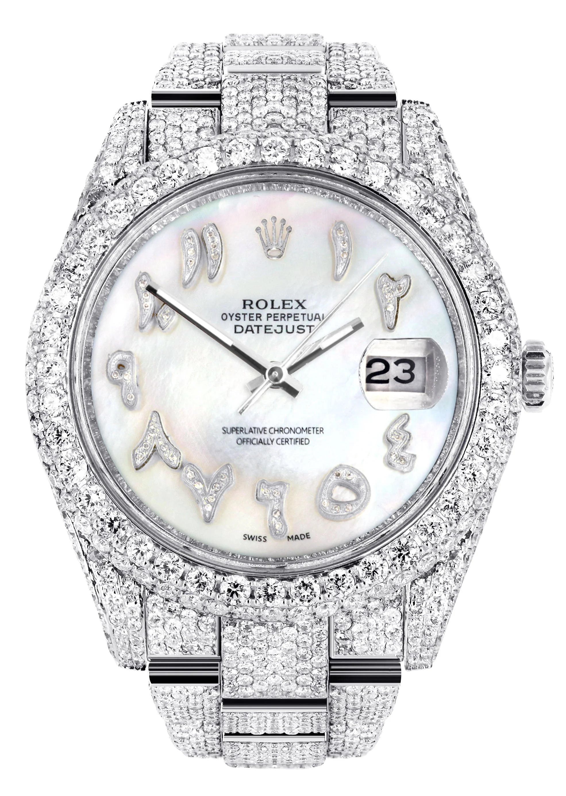 Womens Diamond Iced Out Rolex Datejust 41 | 25 Carats Of Diamonds | Custom Mother of Pearl Arabic Numeral Diamond Dial | Two Row | Oyster Band