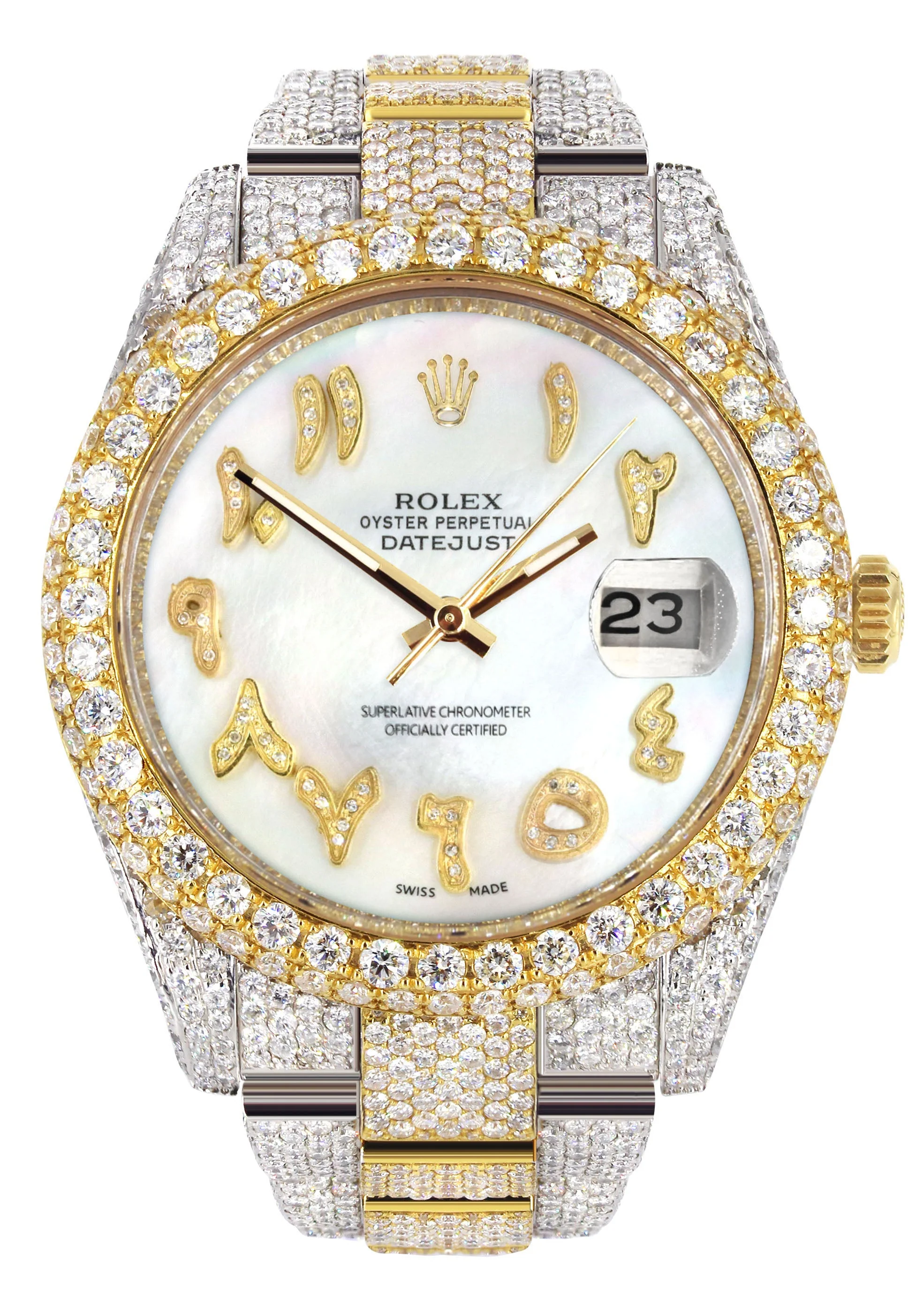 Womens Diamond Iced Out Rolex Datejust 41 | 25 Carats Of Diamonds | Custom Mother of Pearl Arabic Numeral Diamond Dial | Two Tone | Two Row | Oyster Band