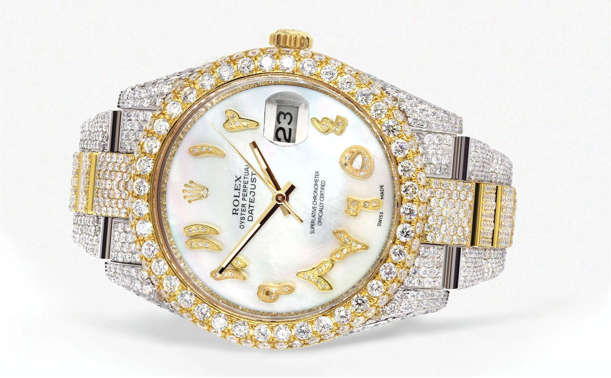 Womens Diamond Iced Out Rolex Datejust 41 | 25 Carats Of Diamonds | Custom Mother of Pearl Arabic Numeral Diamond Dial | Two Tone | Two Row | Oyster Band - Image 2