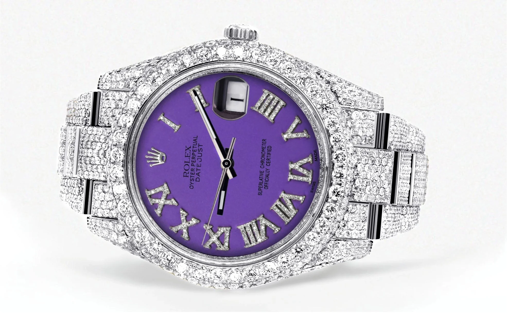 Womens Diamond Iced Out Rolex Datejust 41 | 25 Carats Of Diamonds | Custom Purple Roman Numeral Diamond Dial | Two Row | Oyster Band - Image 2