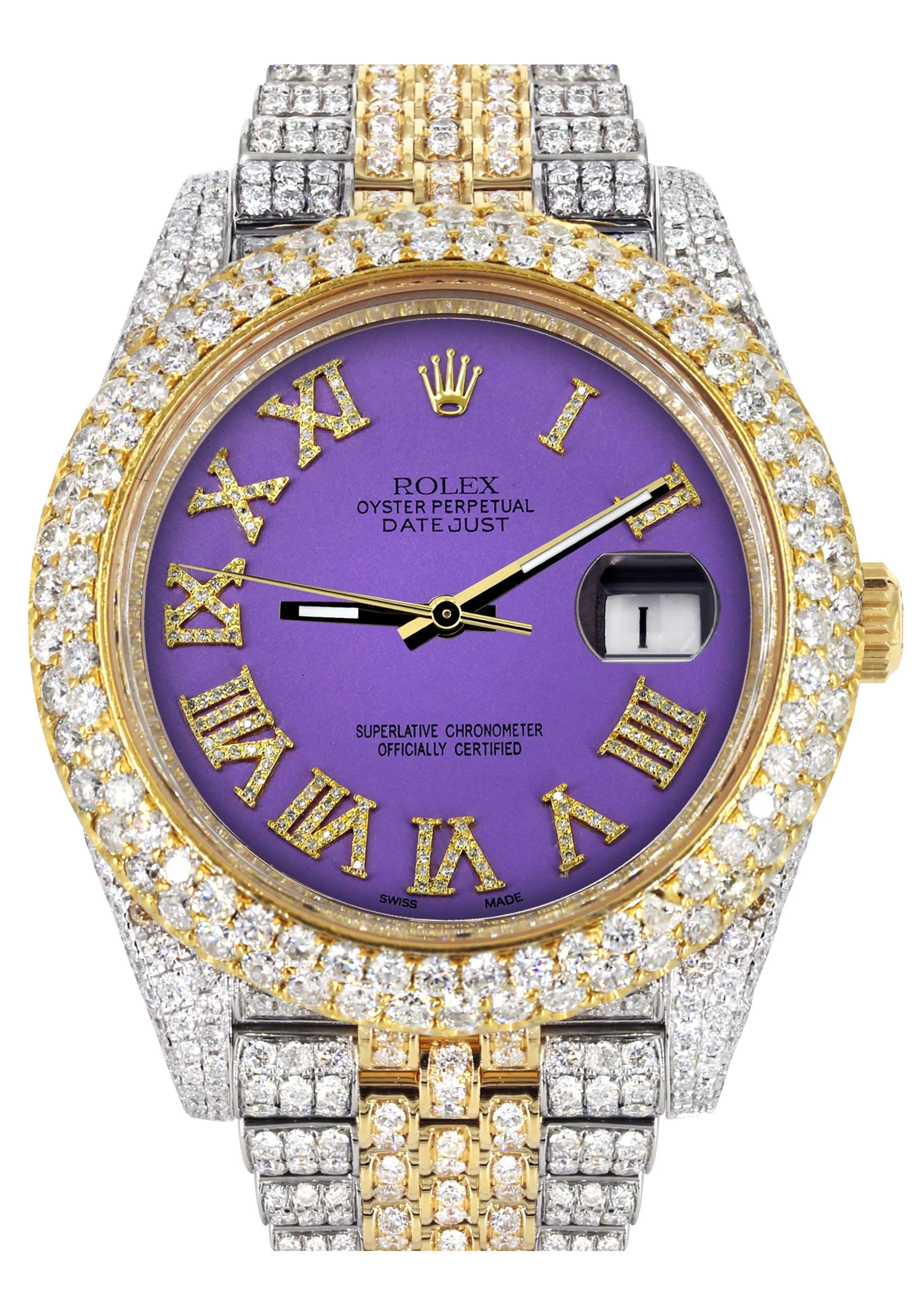 Womens Diamond Iced Out Rolex Datejust 41 | 25 Carats Of Diamonds | Custom Purple Roman Numeral Diamond Dial | Two Tone | Two Row | Jubilee Band