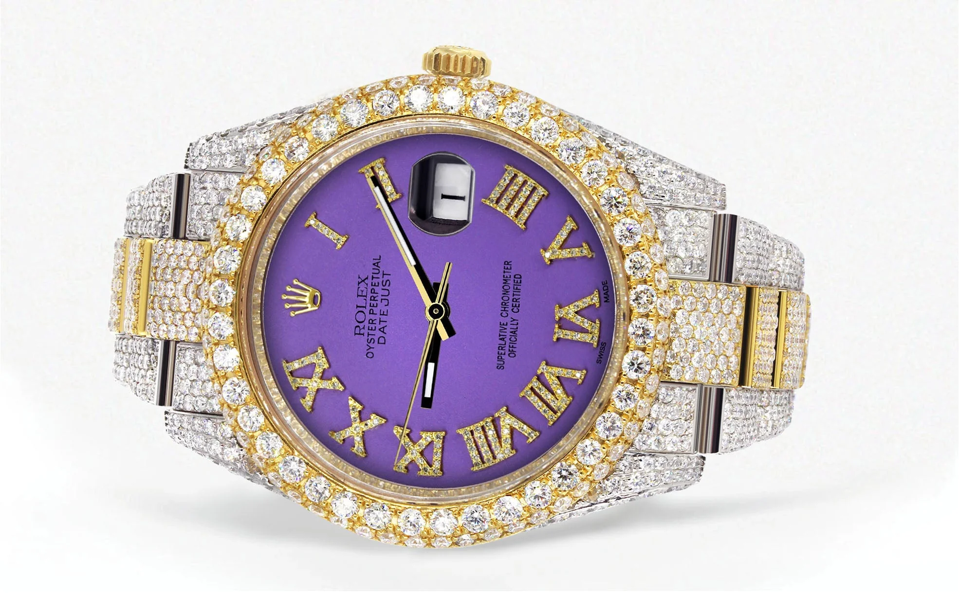 Womens Diamond Iced Out Rolex Datejust 41 | 25 Carats Of Diamonds | Custom Purple Roman Numeral Diamond Dial | Two Tone | Two Row | Oyster Band - Image 2