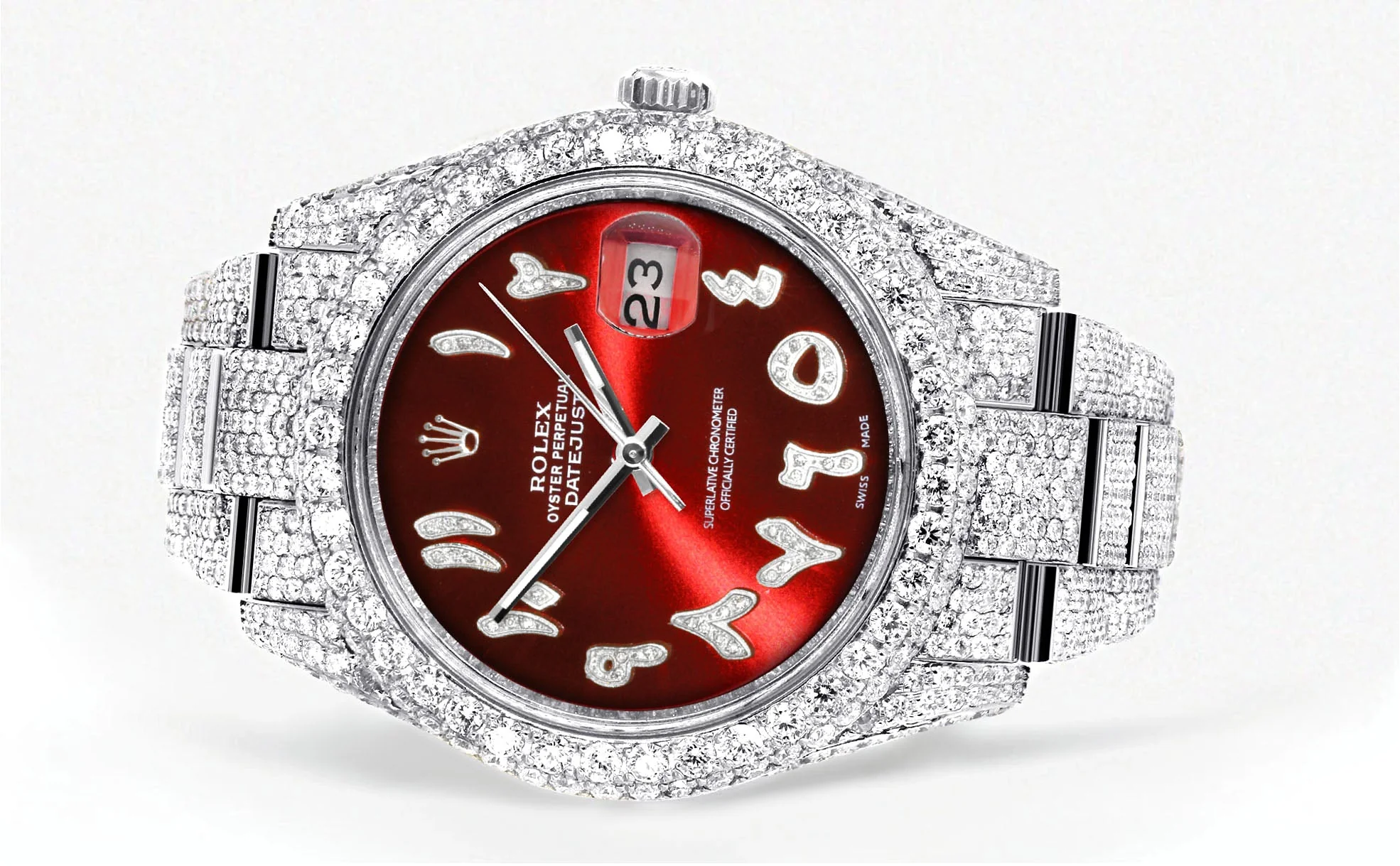 Womens Diamond Iced Out Rolex Datejust 41 | 25 Carats Of Diamonds | Custom Red Arabic Numeral Diamond Dial | Two Row | Oyster Band - Image 2