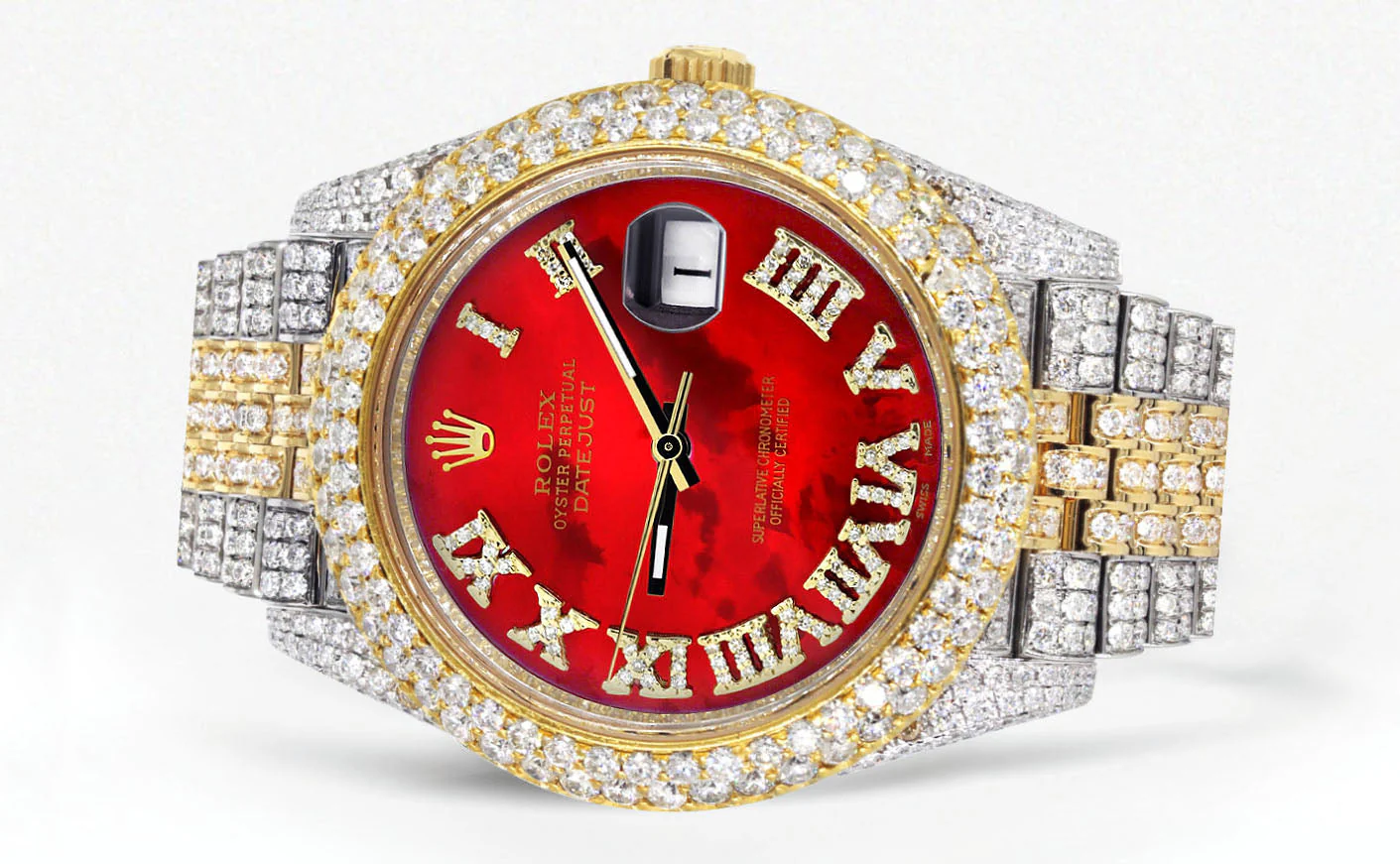 Womens Diamond Iced Out Rolex Datejust 41 | 25 Carats Of Diamonds | Custom Red Mother of Pearl Roman Numeral Diamond Dial | Two Tone | Two Row | Jubilee Band - Image 2