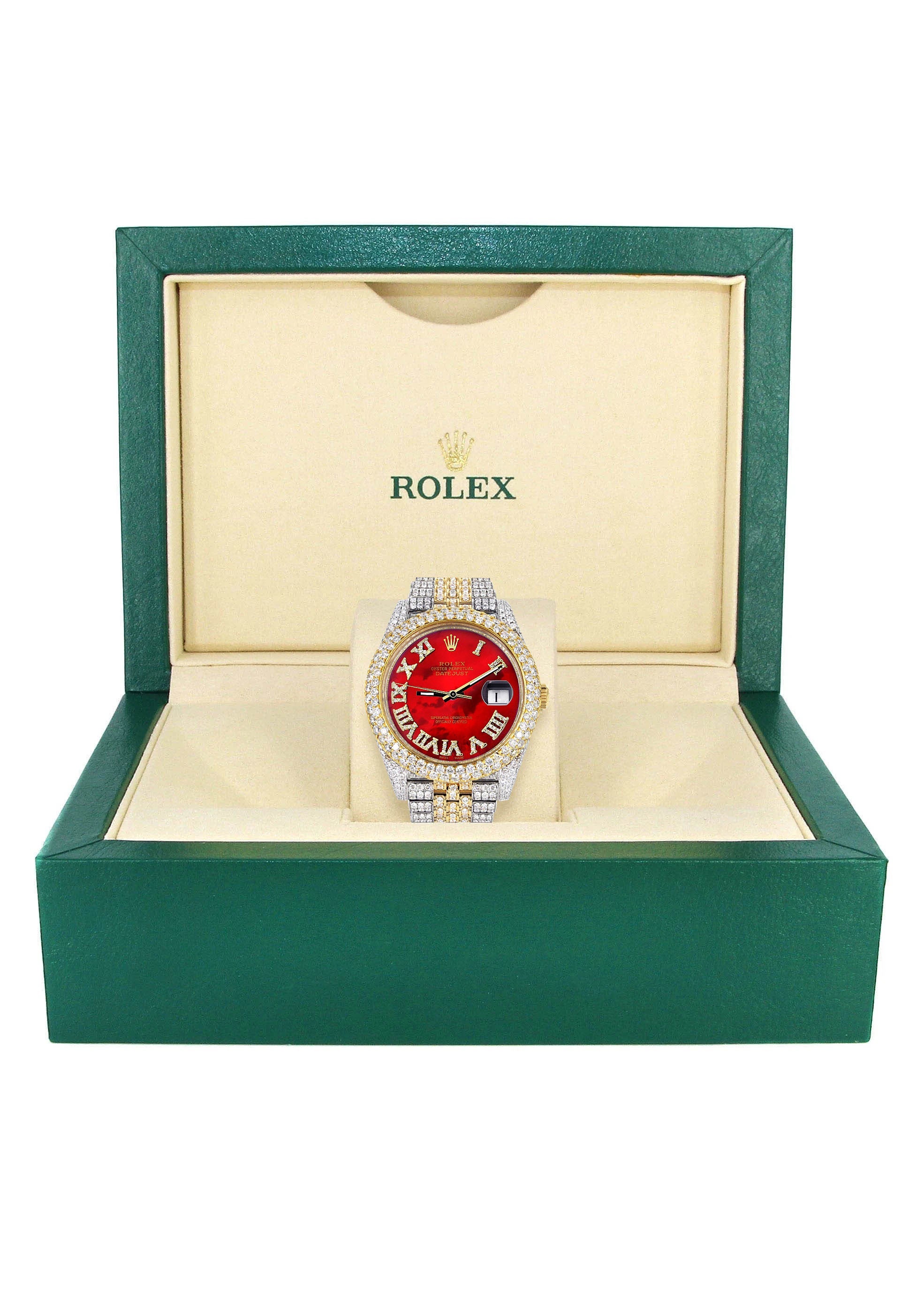 Womens Diamond Iced Out Rolex Datejust 41 | 25 Carats Of Diamonds | Custom Red Mother of Pearl Roman Numeral Diamond Dial | Two Tone | Two Row | Jubilee Band - Image 5