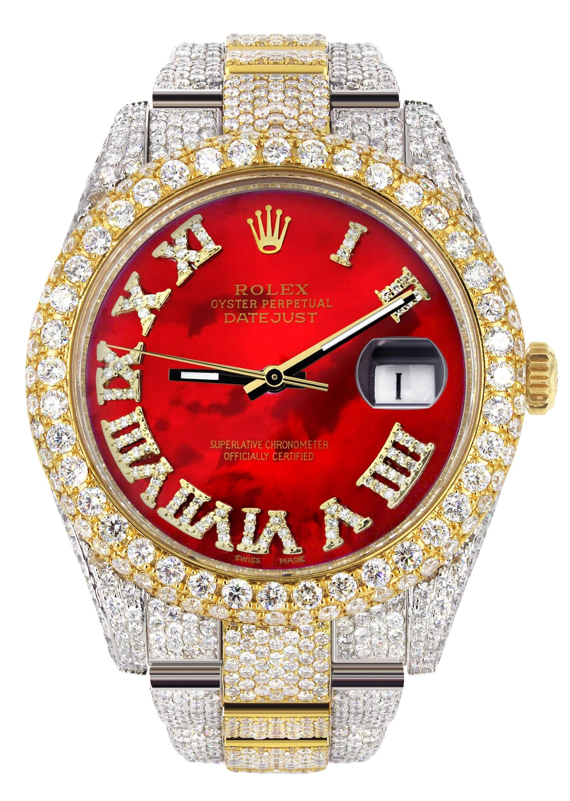 Womens Diamond Iced Out Rolex Datejust 41 | 25 Carats Of Diamonds | Custom Red Mother of Pearl Roman Numeral Diamond Dial | Two Tone | Two Row | Oyster Band