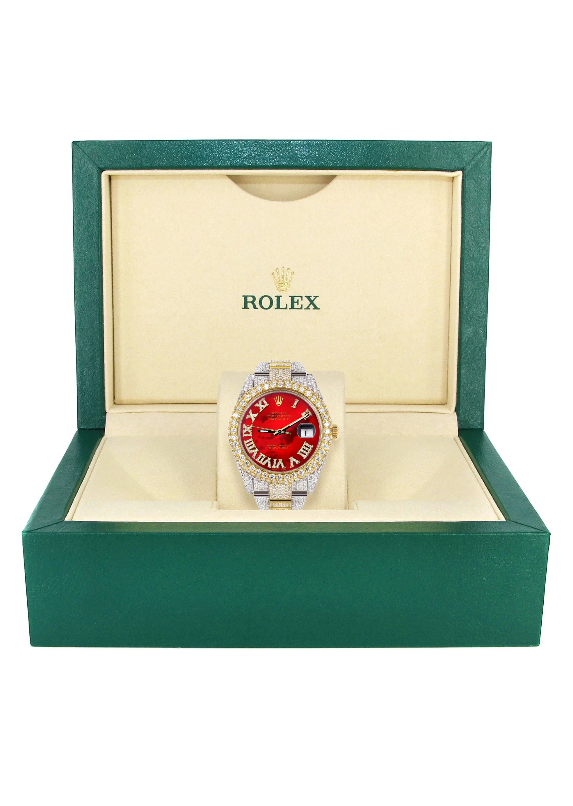 Womens Diamond Iced Out Rolex Datejust 41 | 25 Carats Of Diamonds | Custom Red Mother of Pearl Roman Numeral Diamond Dial | Two Tone | Two Row | Oyster Band - Image 5