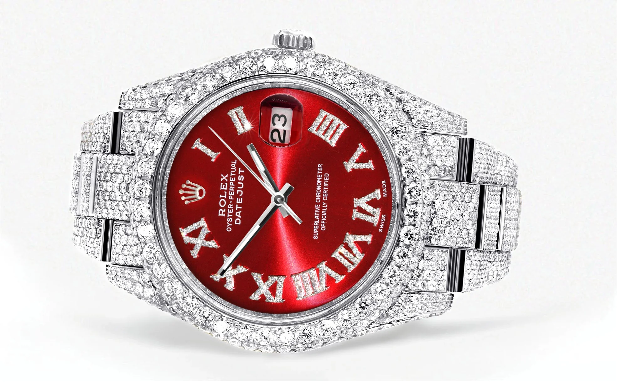 Womens Diamond Iced Out Rolex Datejust 41 | 25 Carats Of Diamonds | Custom Red Roman Numeral Diamond Dial | Two Row | Oyster Band - Image 2