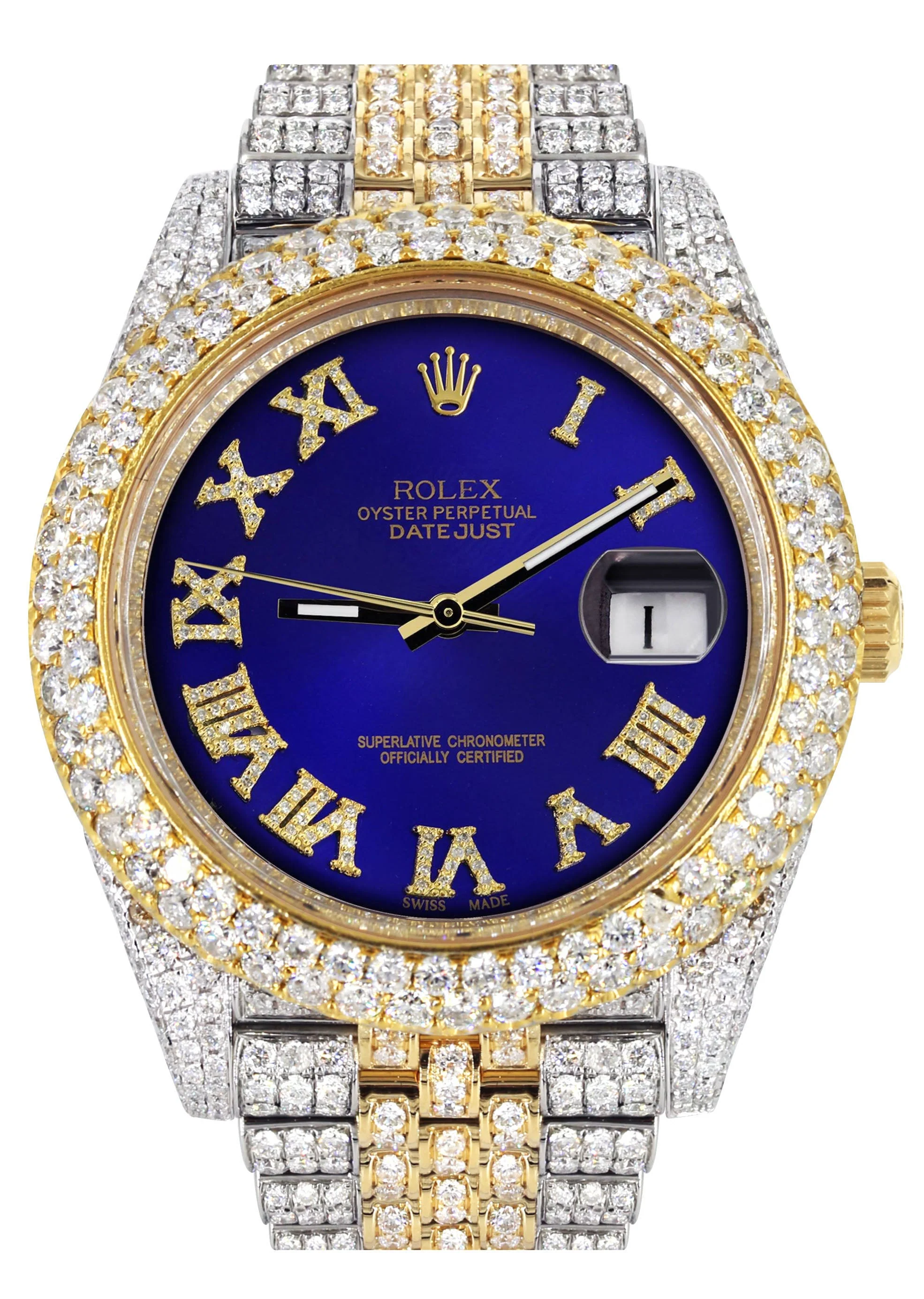 Womens Diamond Iced Out Rolex Datejust 41 | 25 Carats Of Diamonds | Custom Royal Blue Roman Numeral Diamond Dial | Two Tone | Two Row | Jubilee Band